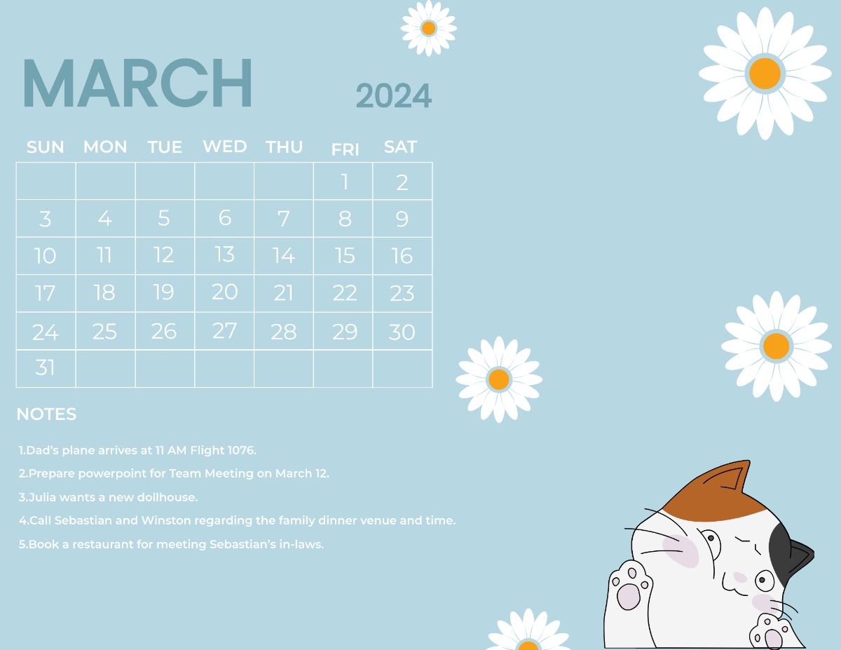 Cute March 2024 Calendar