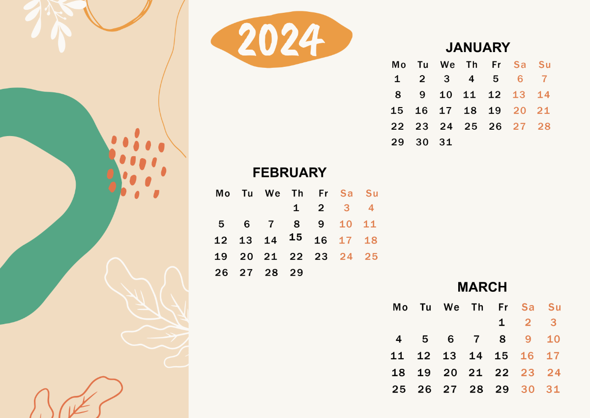 January to March 2024 Calendar