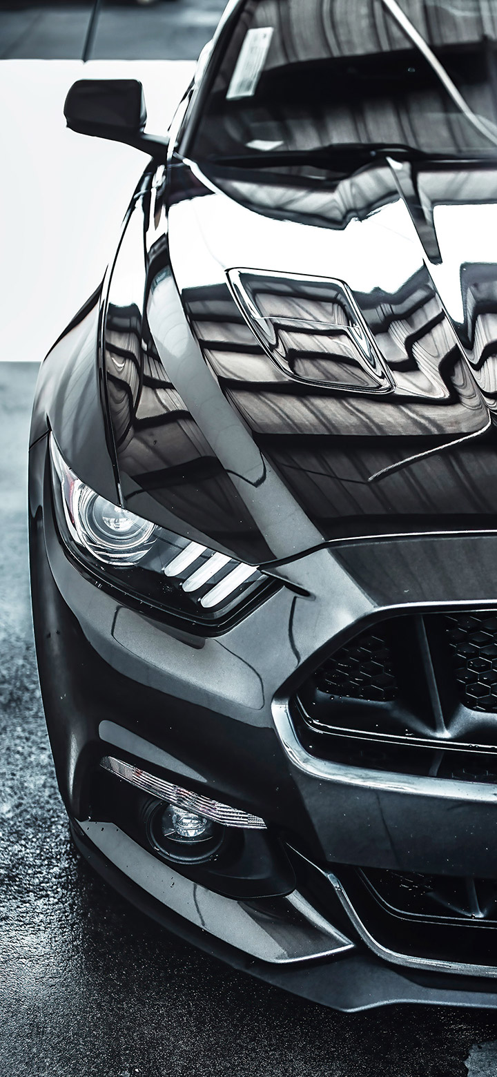 Black Mustang Front 4K Phone Wallpaper