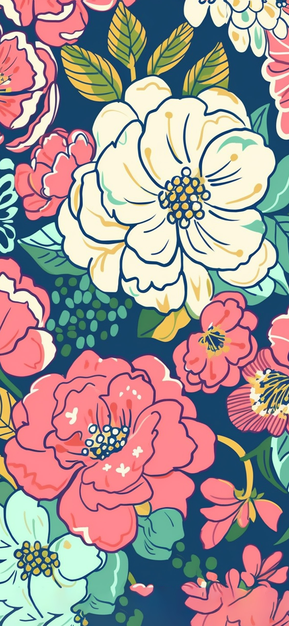 Preppy White & Pink Flowers Wallpaper