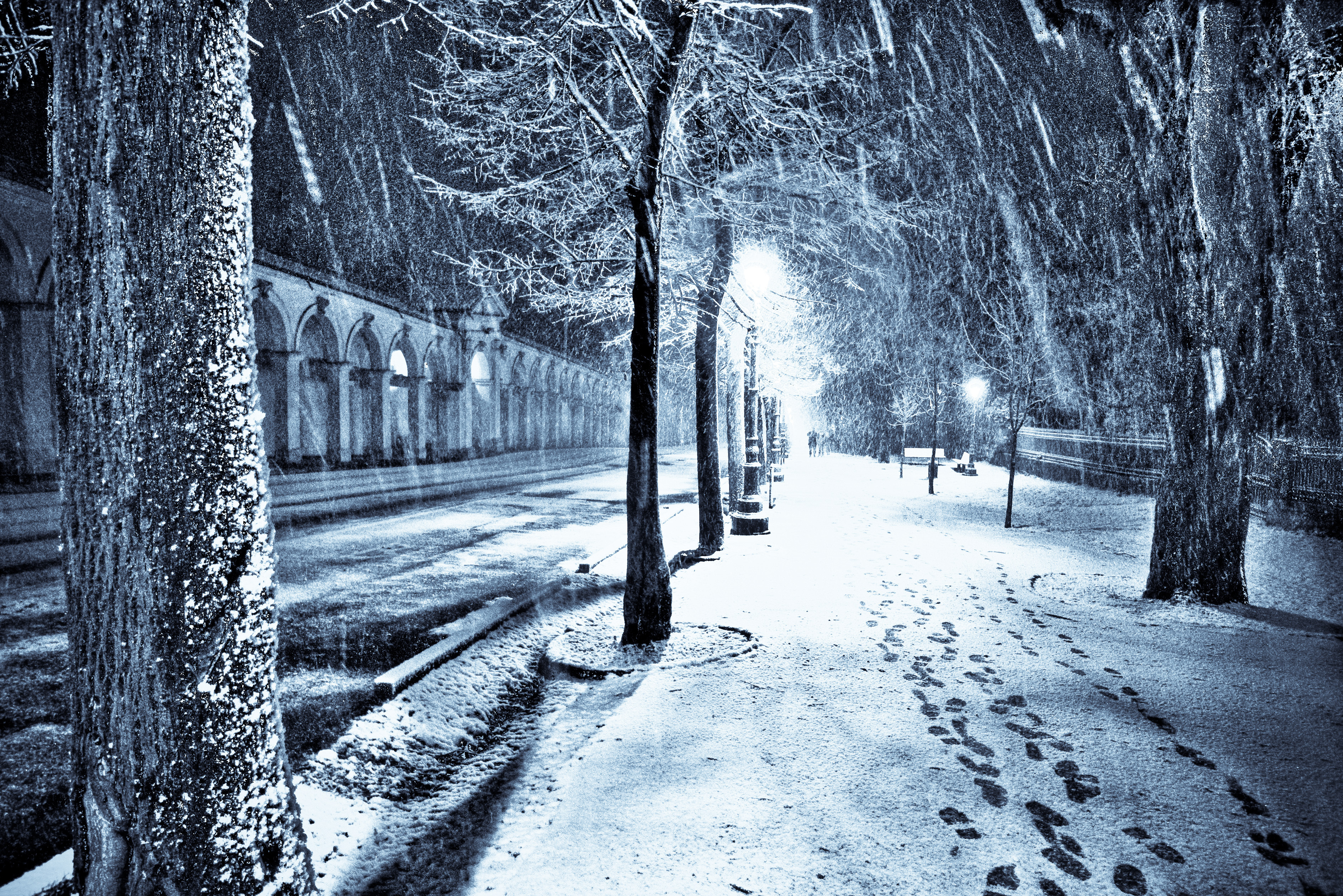 night, snow, winter, city, street
