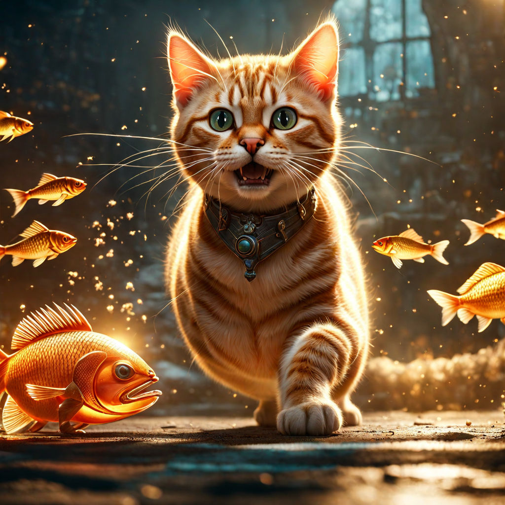 happy fish eat cat in Turner style