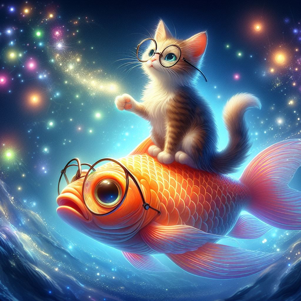 A cat perches on the shoulder of a fish