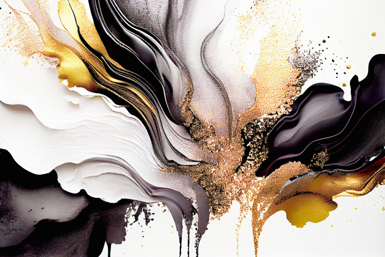 Abstract alcohol ink, shiny black gold