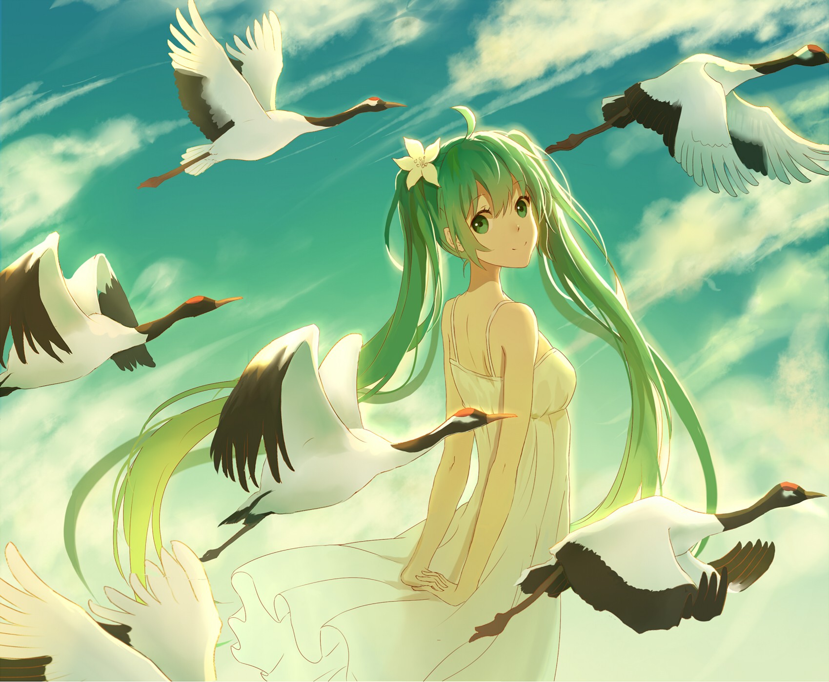 flower in hair, clouds, Hatsune Miku