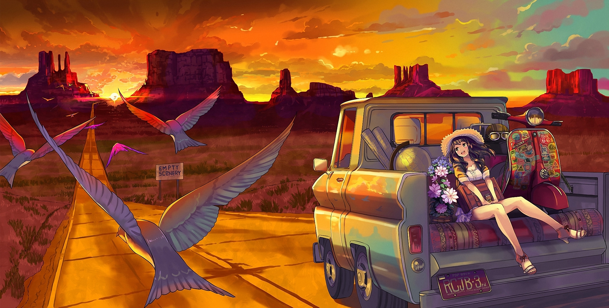 original Hat Anime Girls Roads 2134x1080