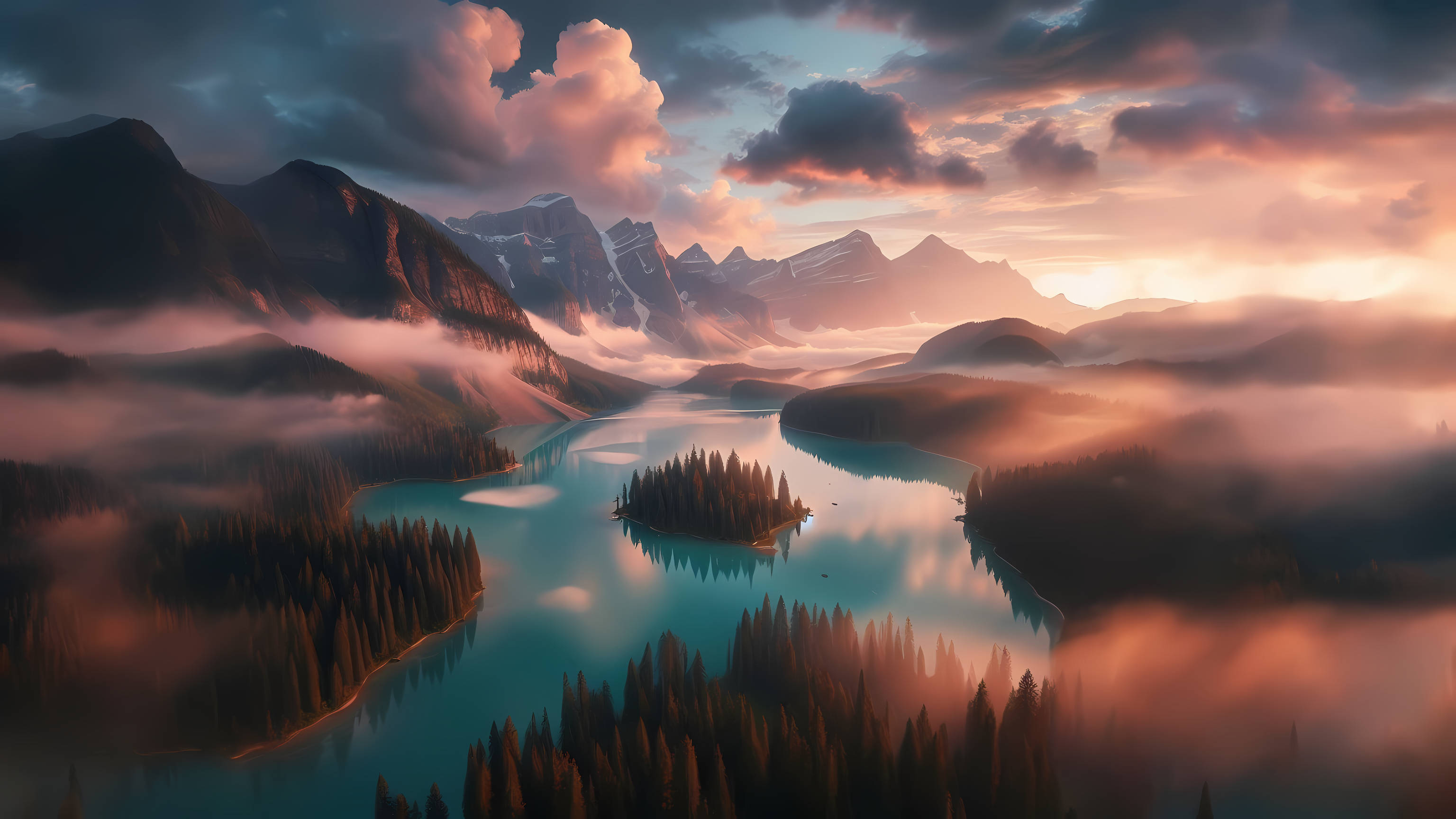 Mystical Sunrise Over Mountain Range