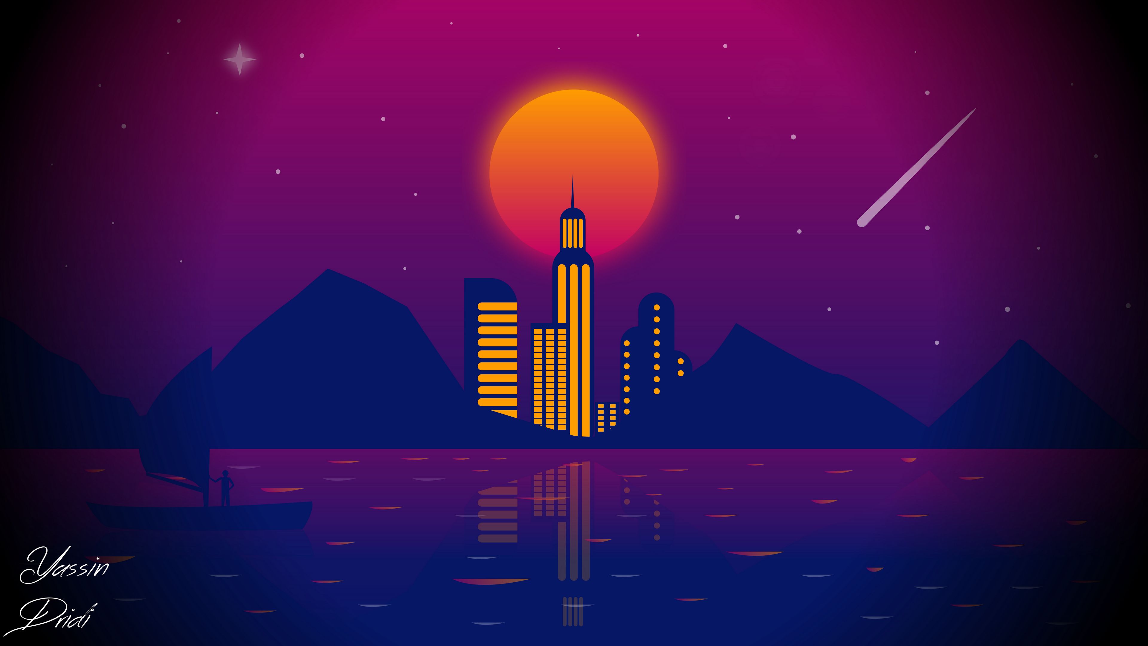 Download wallpaper 3840x2160 city, vector, art, night, moon 4k uhd 16:9 HD background