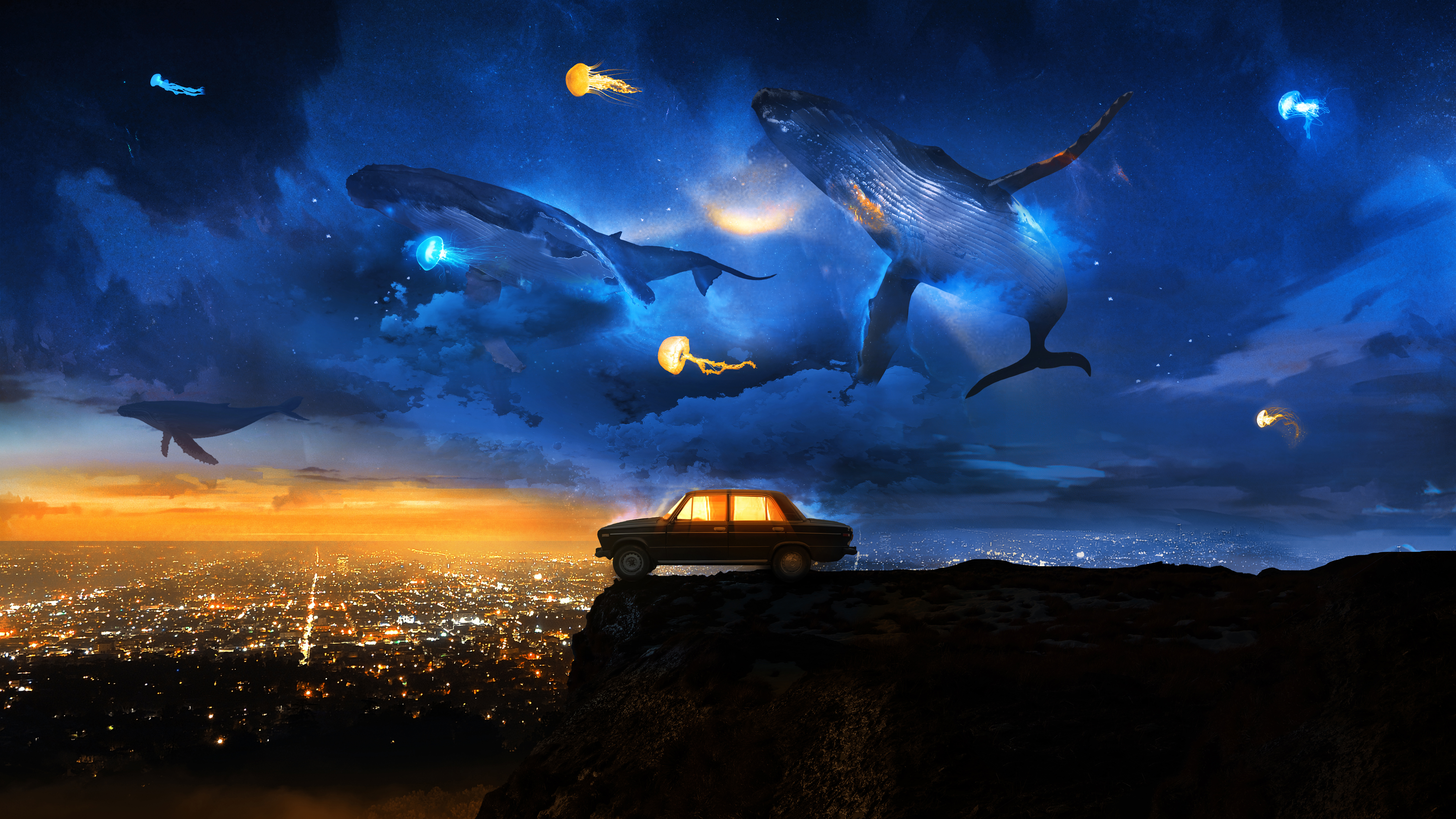 Flying Wallpaper 4K, Whales, Dreamlike