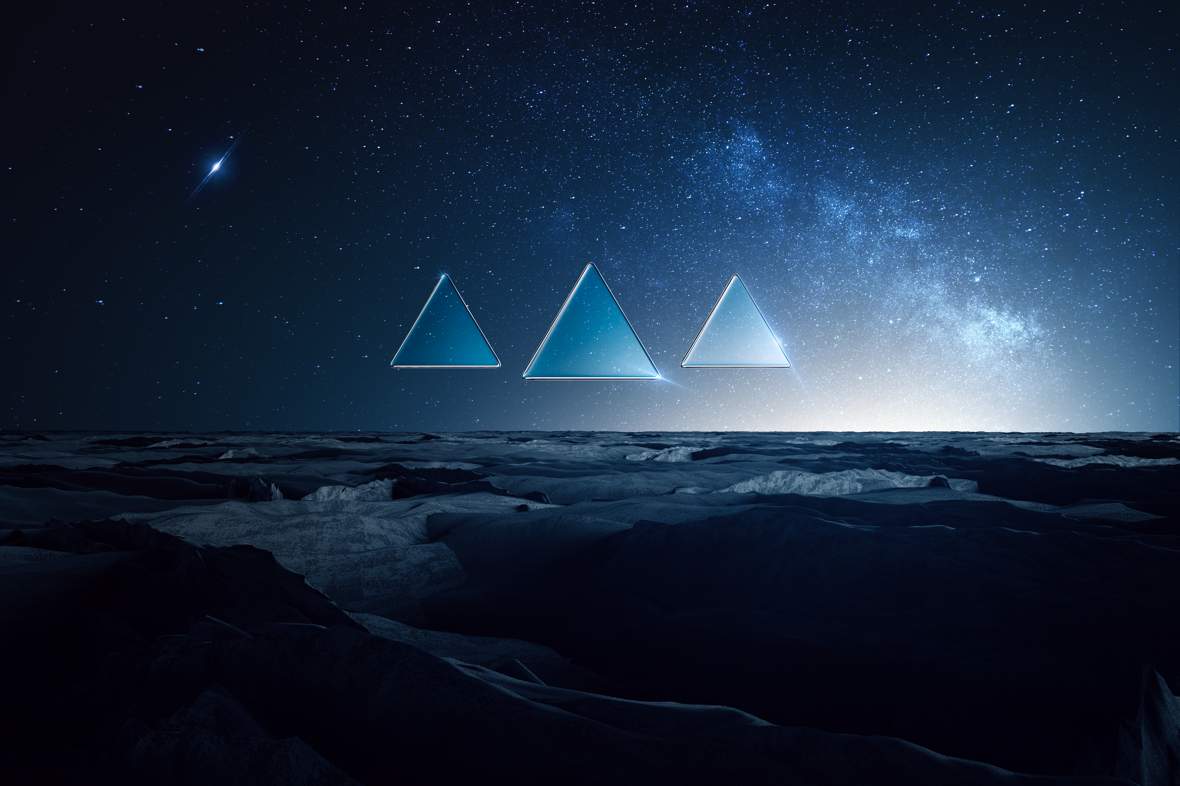 Winter Wallpaper 4K, Cold, Starry sky, Triangles, Blue
