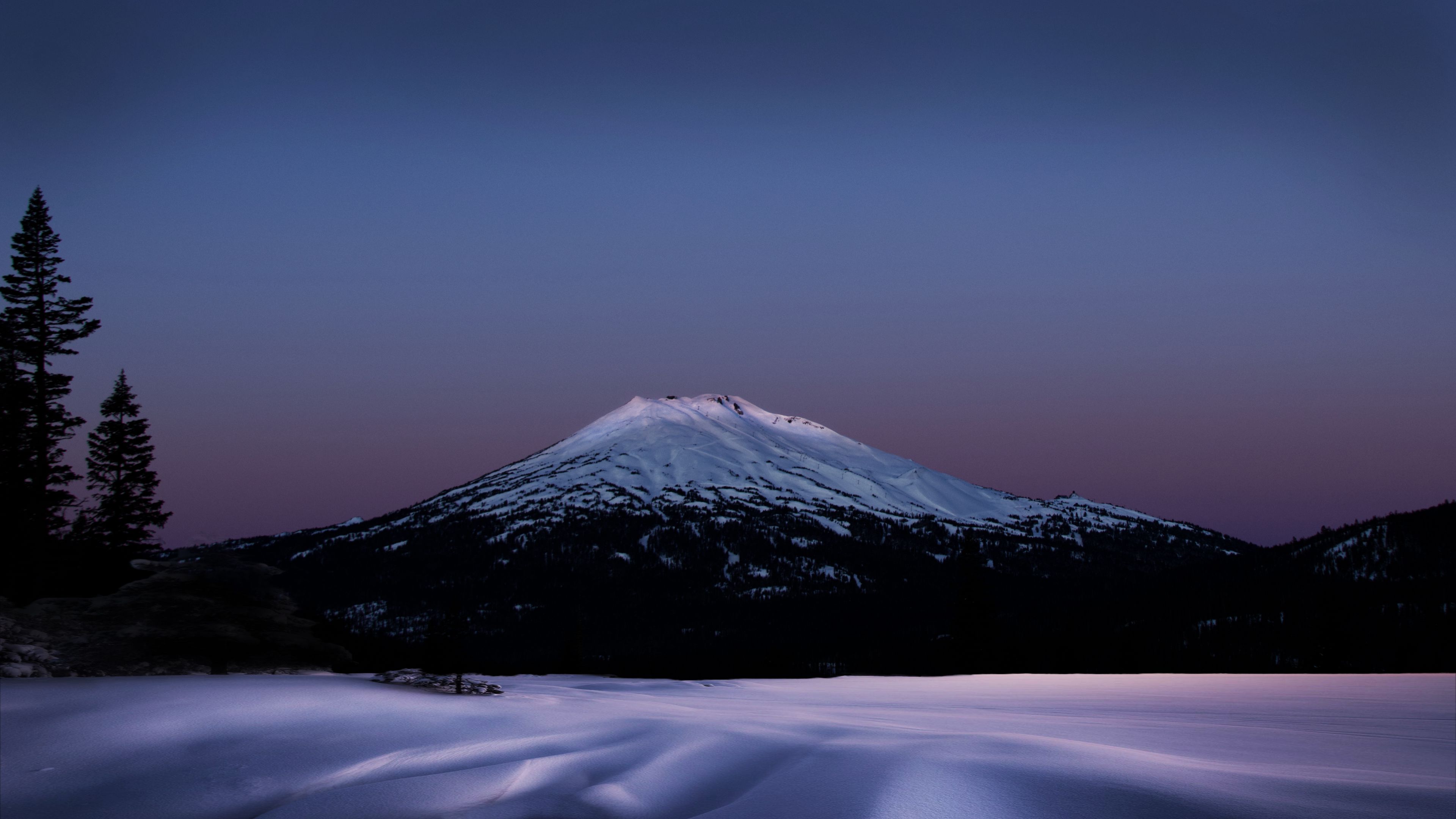 Download wallpaper 3840x2160 volcano, trees, snow, night, dark, winter 4k uhd 16:9 HD background