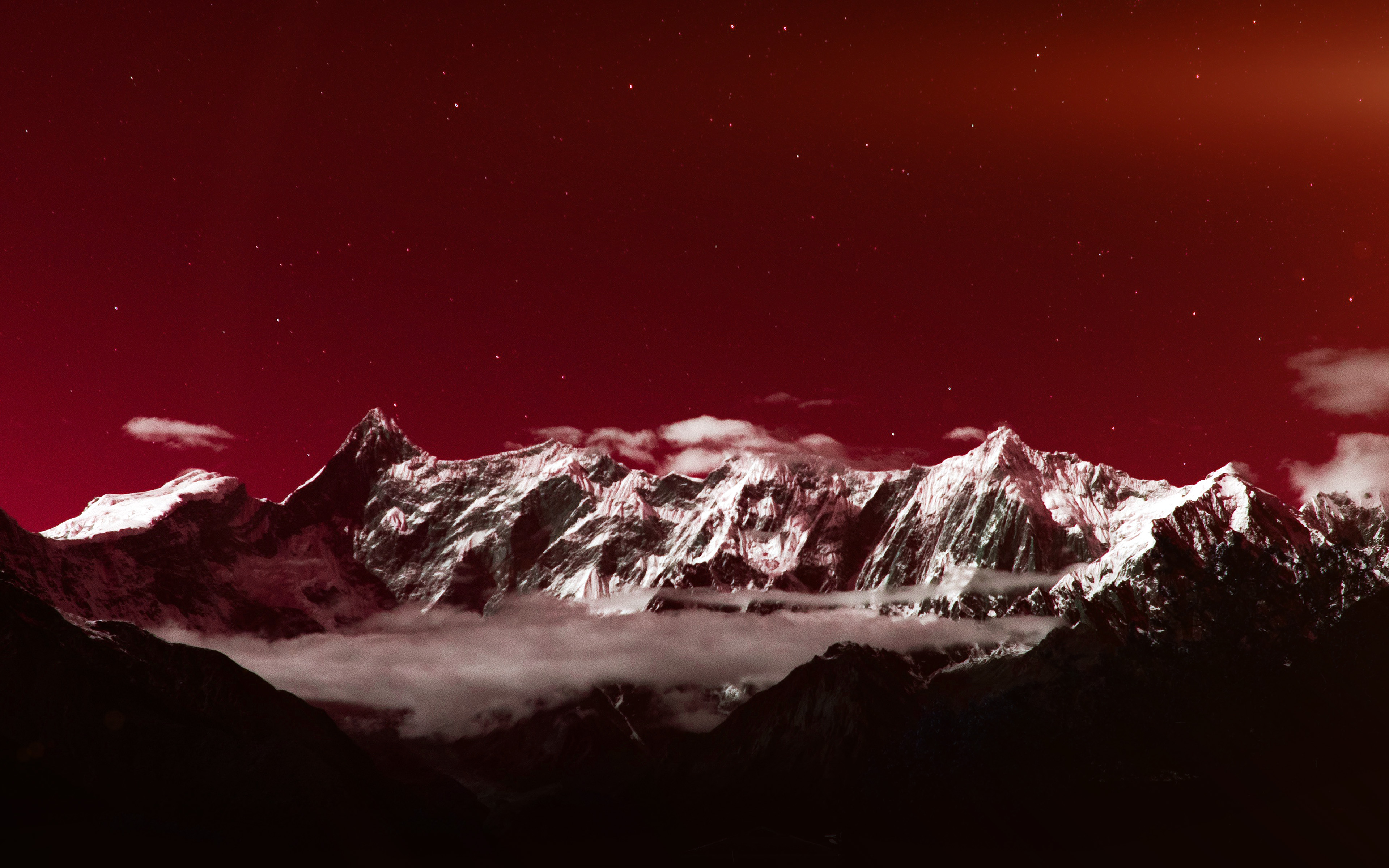 Mountain Snow Dark Red Winter Sky Star