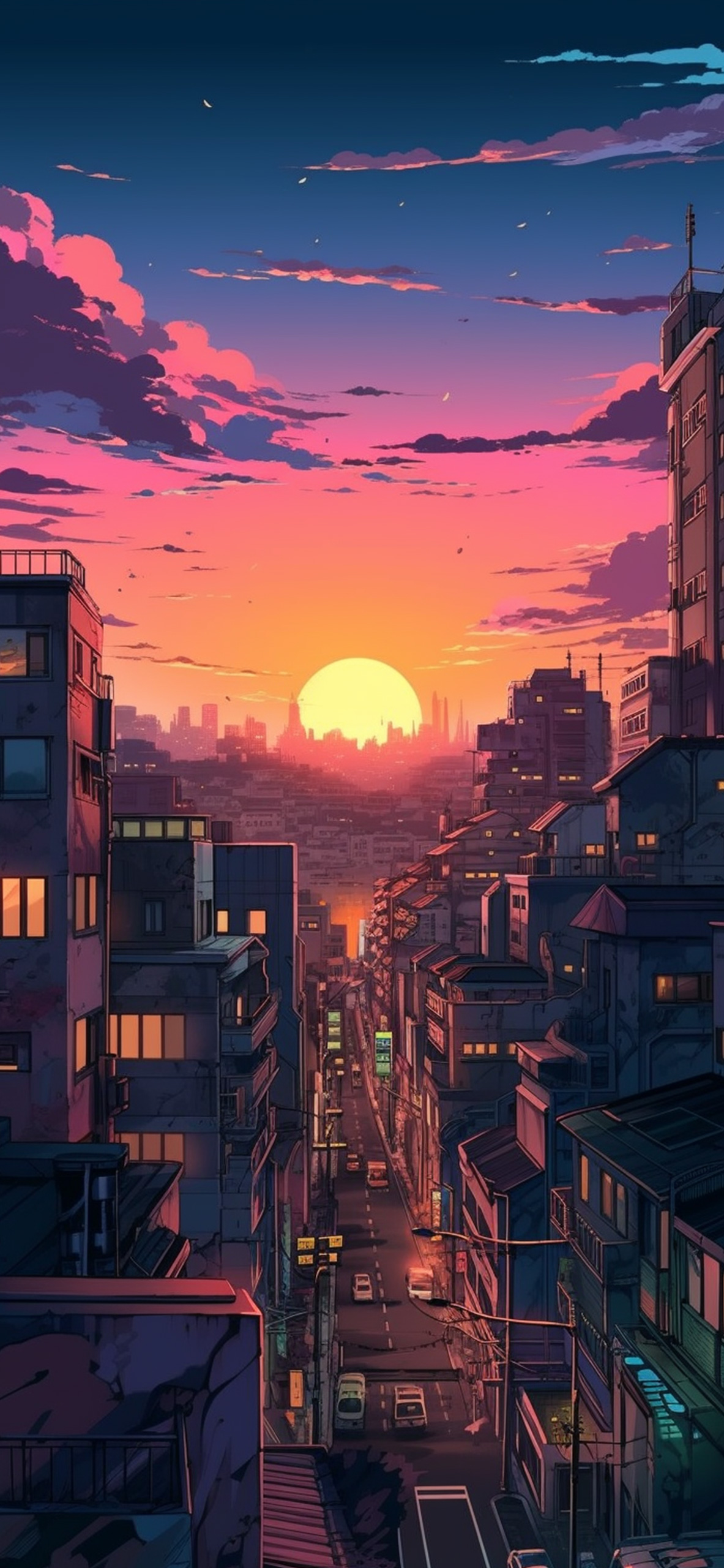 City & Sunset Anime Background