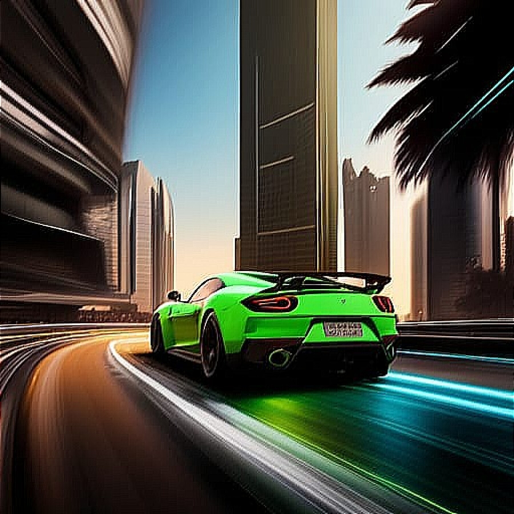 neon green sports car driving along a