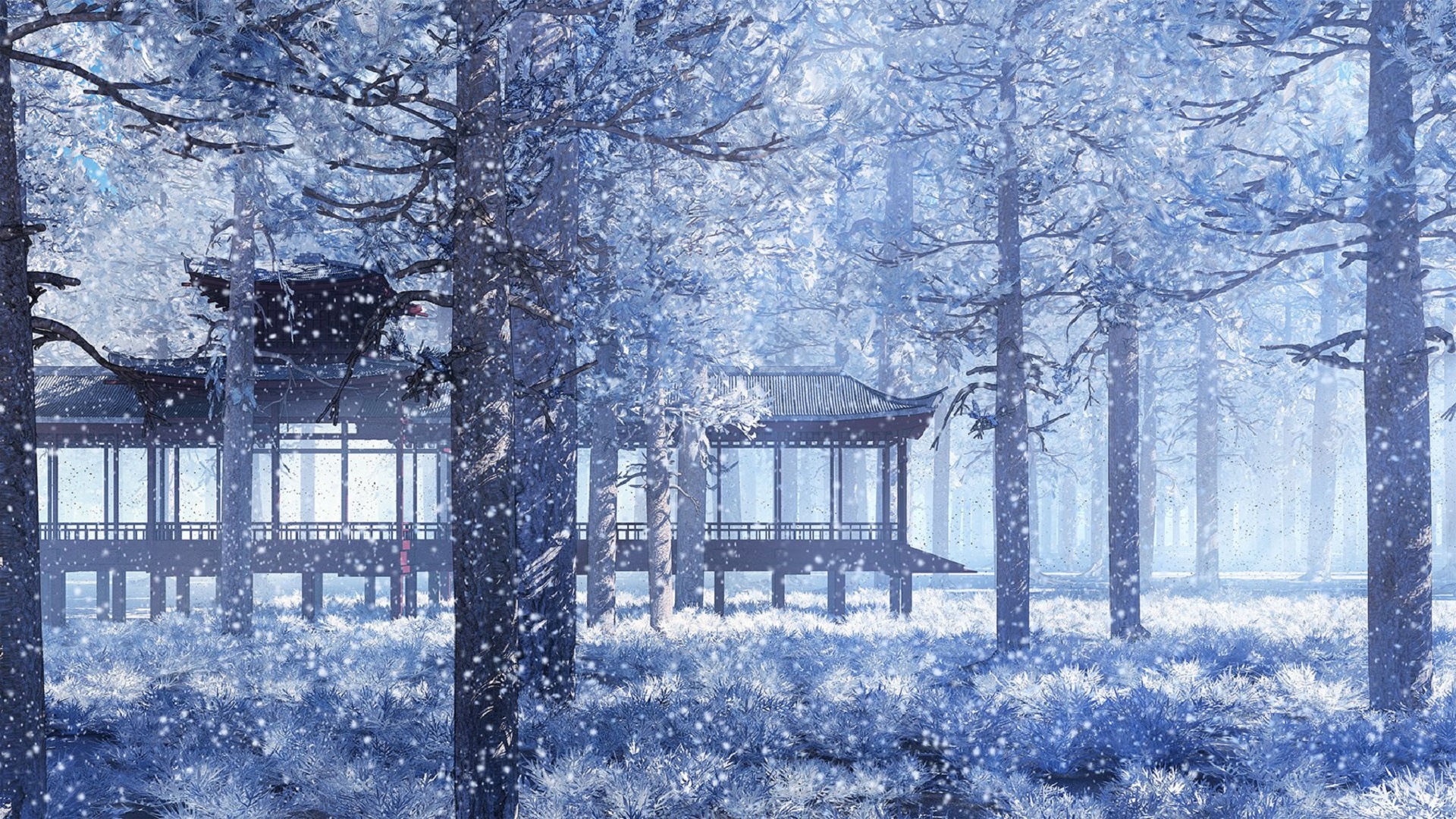 Wallpaper snow, Park, Japan, gazebo, snowfall, winter's tale, spruce forest for mobile and desktop, section пейзажи, resolution 1920x1080