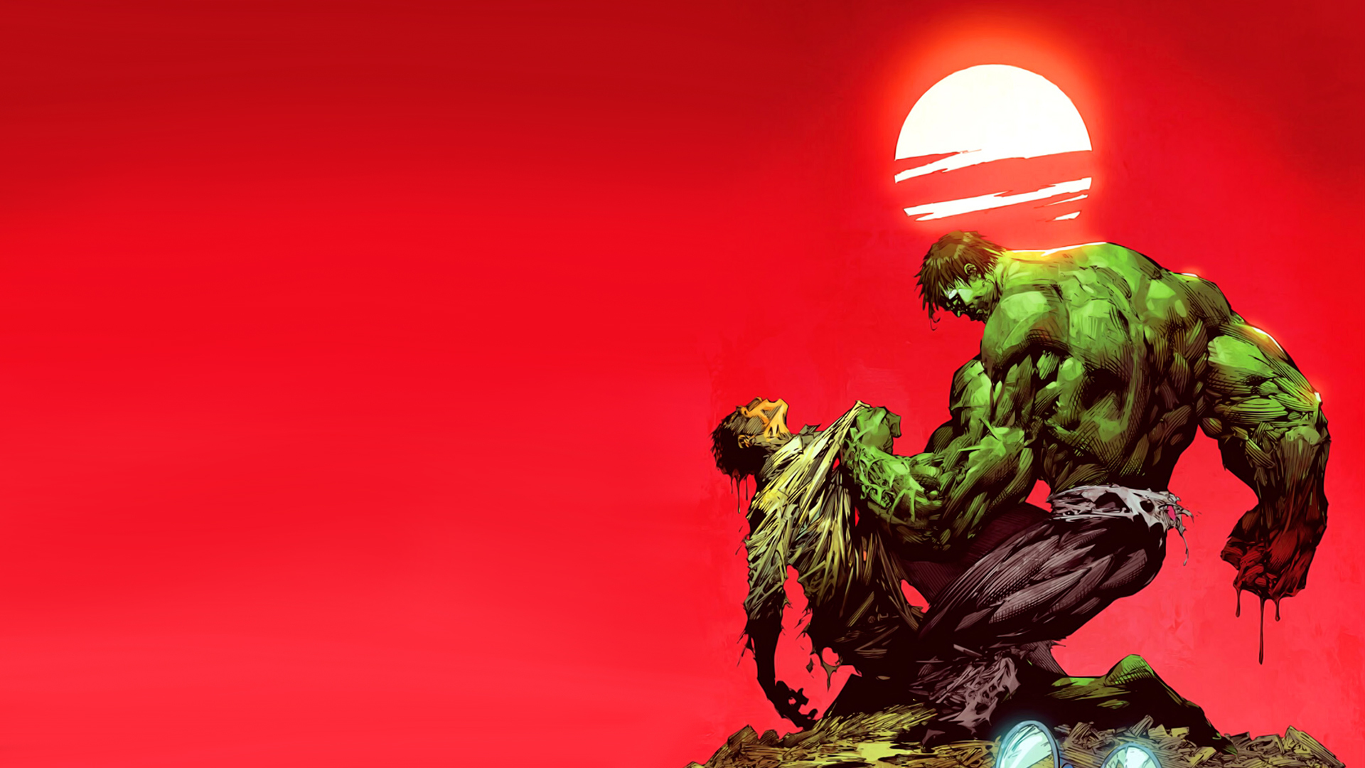 Wallpaper the sun, sunset, red, green, blood, glasses, Hulk, Hulk for mobile and desktop, section фантастика, resolution 1920x1080