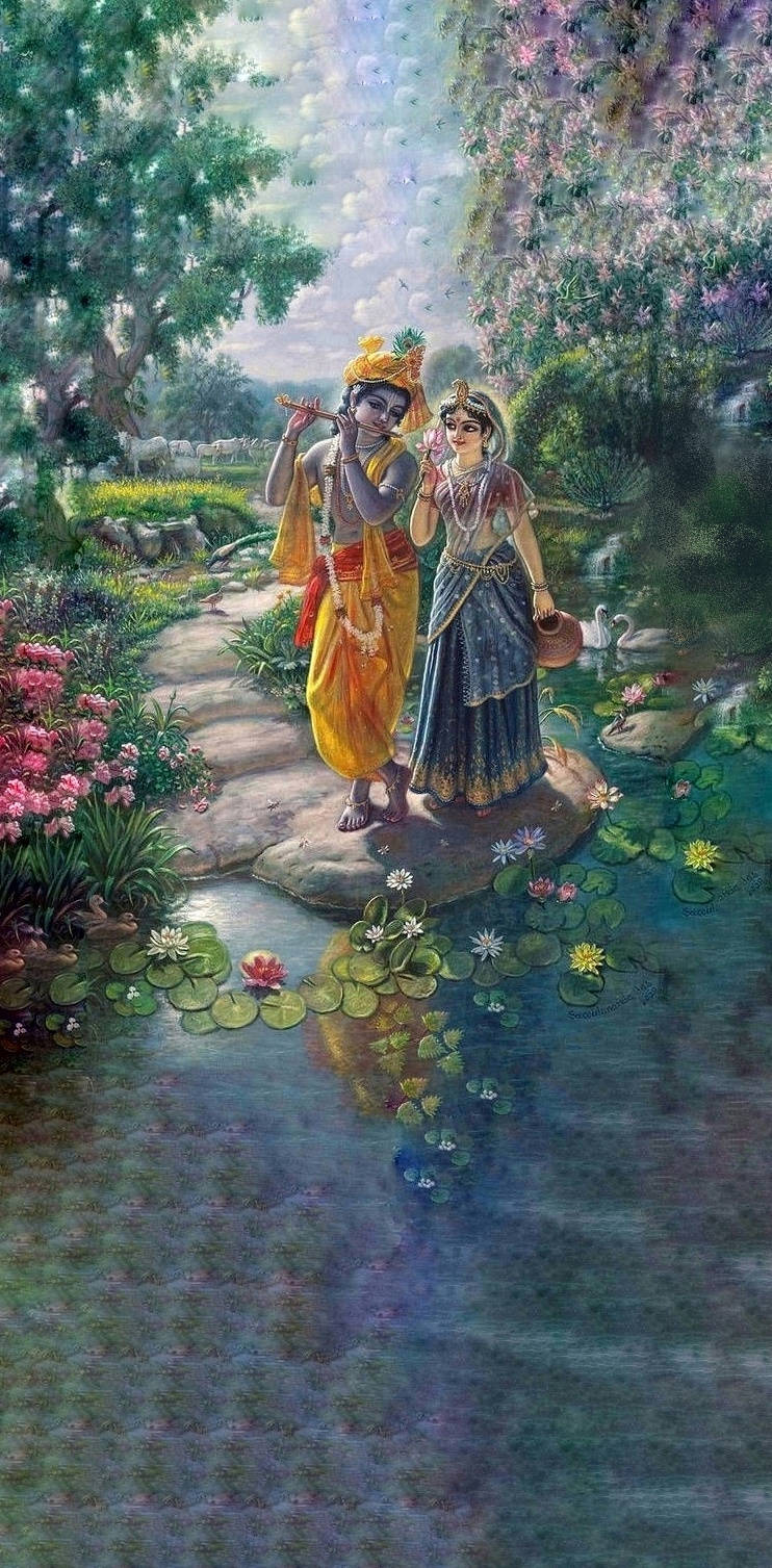 Krishna iPhone Walk On Pond Wallpaper