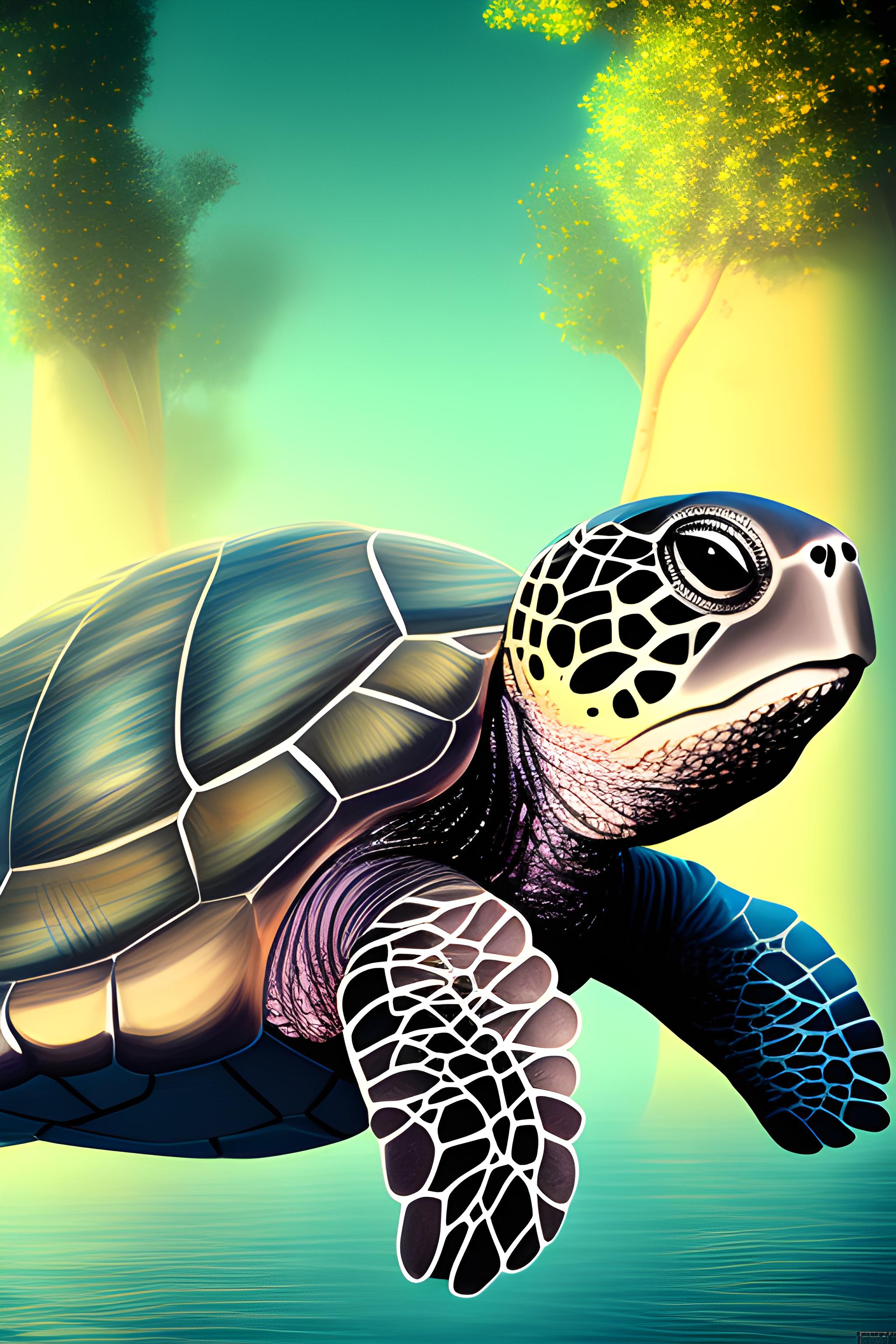 Cute turtle with face pointed to