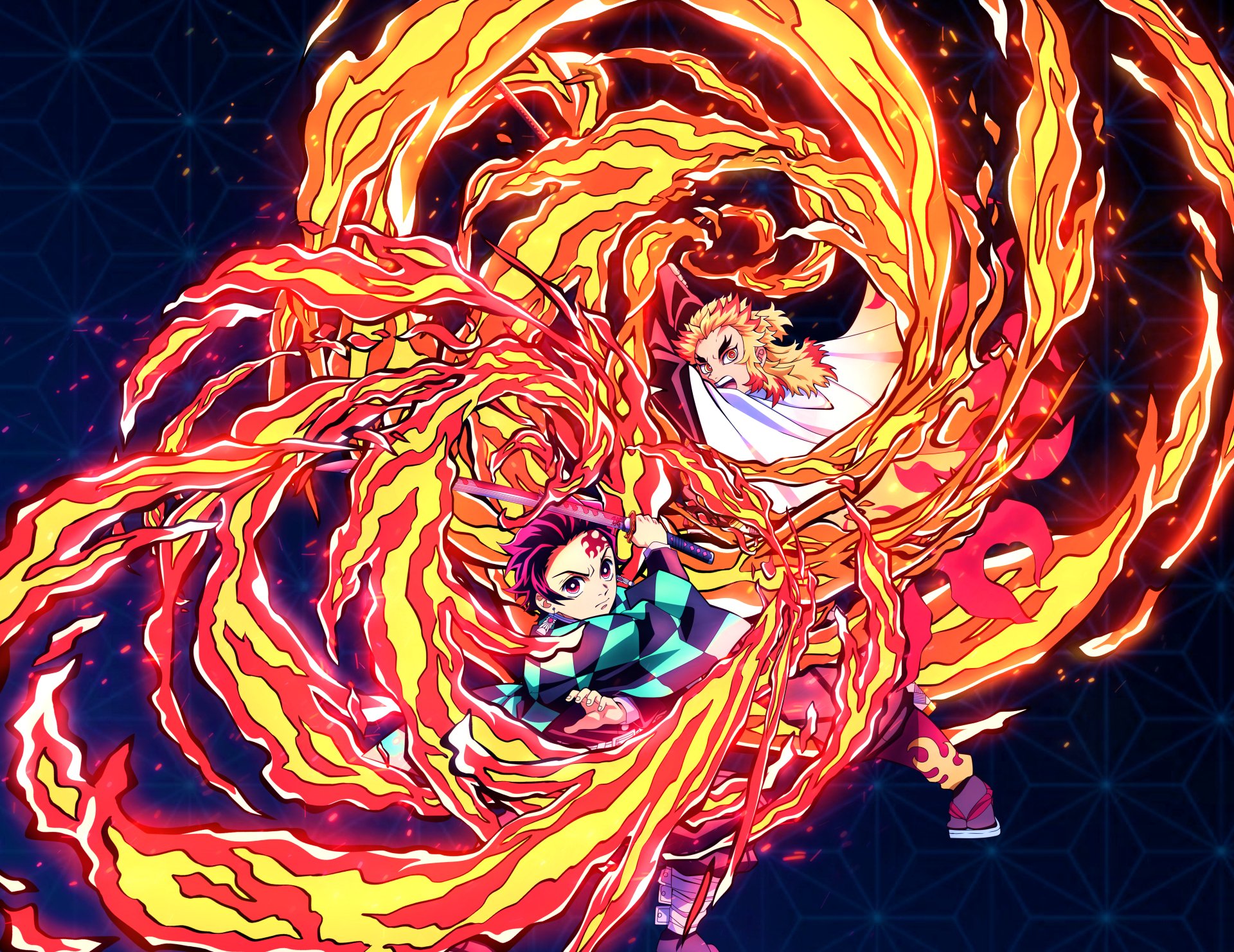 Demon Slayer 4K: Tanjiro & Rengoku's Fiery Battle Ultra HD Wallpaper by DT501061 余佳軒