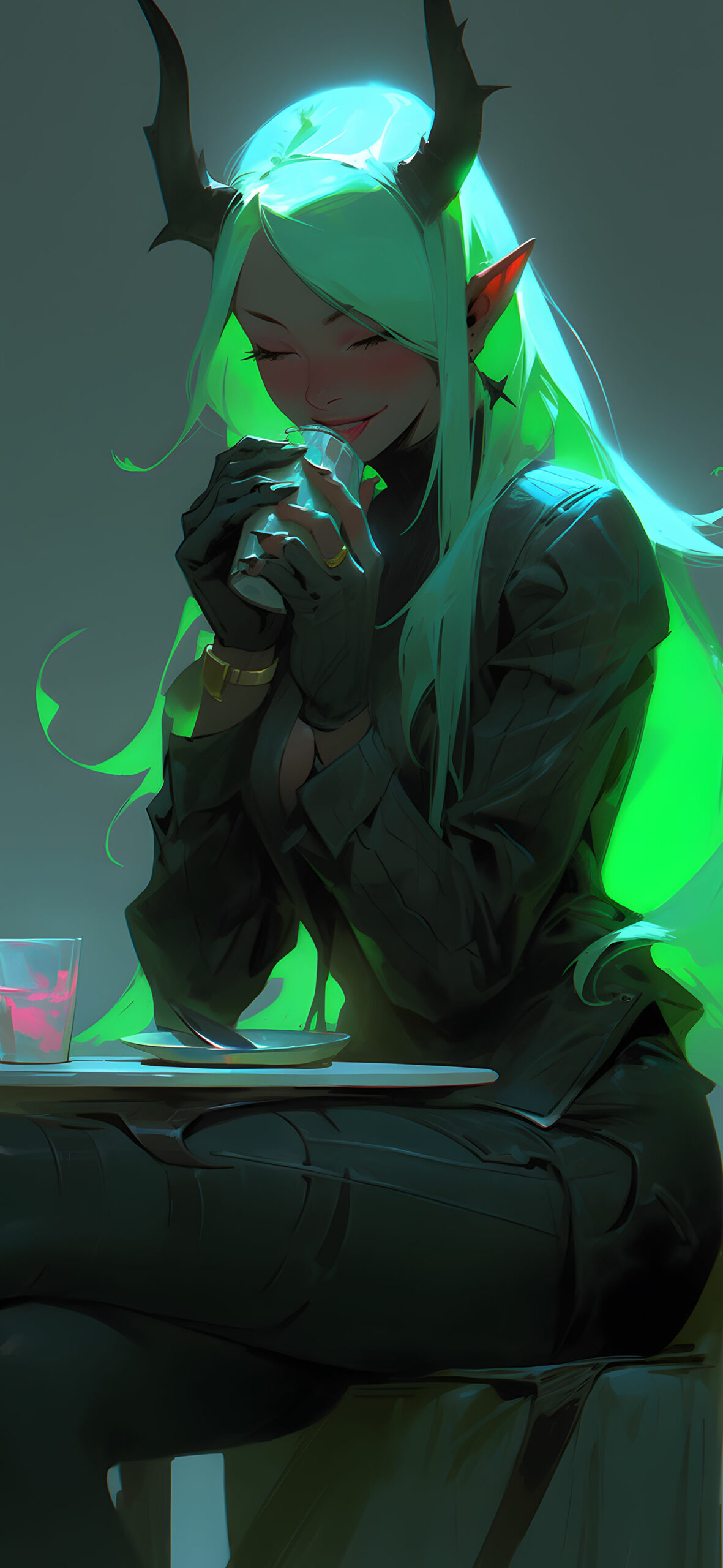 Green Haired Elf Girl Enjoying Tea