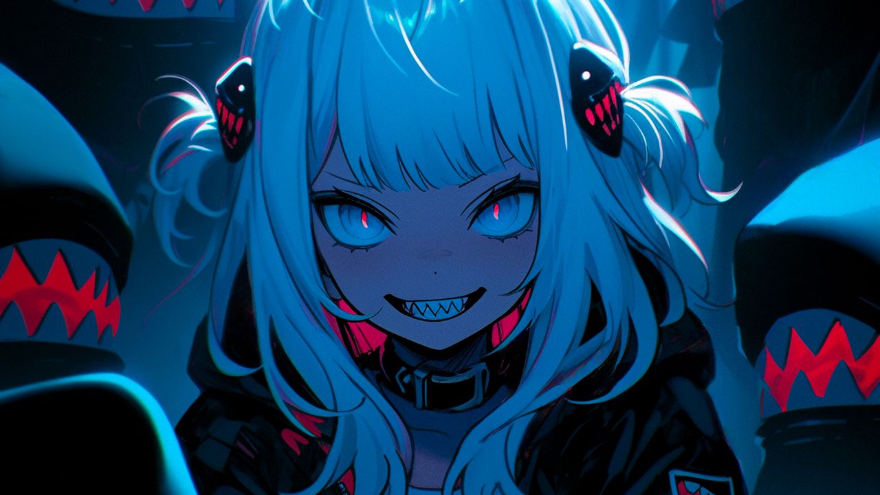 Wallpaper girl, demon, teeth, blue