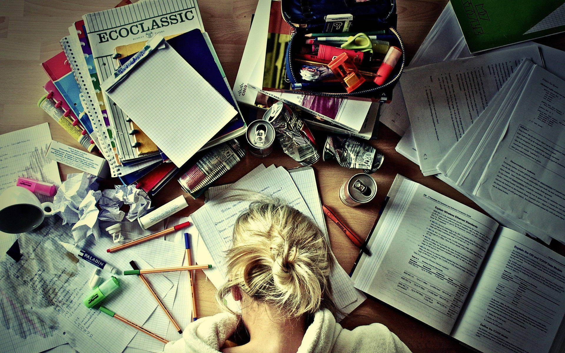Download Girl Learning With Messy Desk Wallpaper