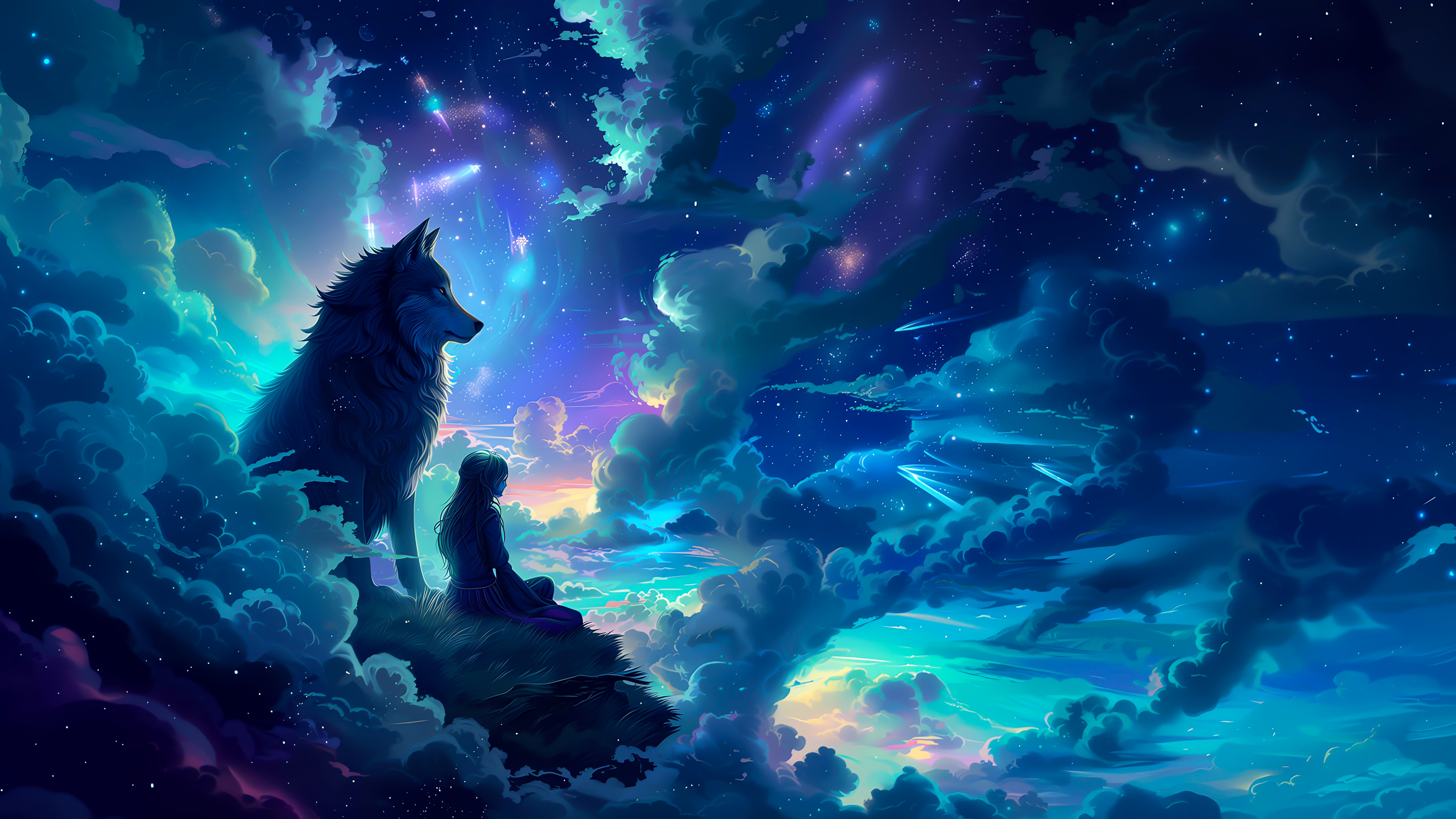 Mystical Wolf and Stardust 4K Wallpaper