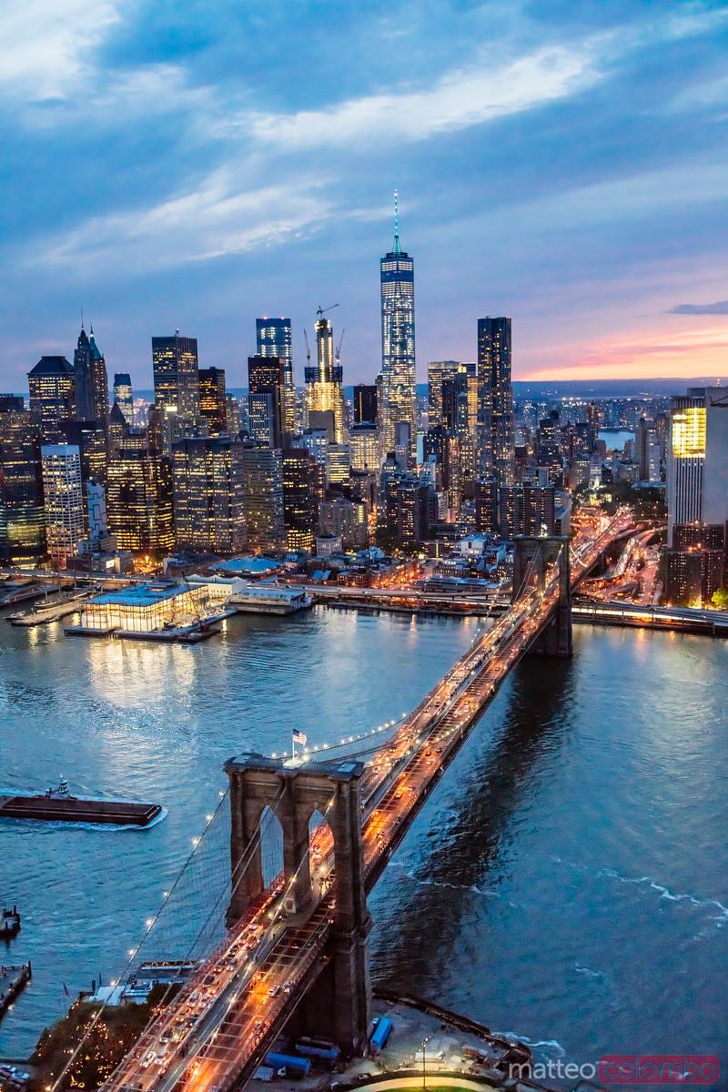 Aerial view of Brooklyn bridge at dusk