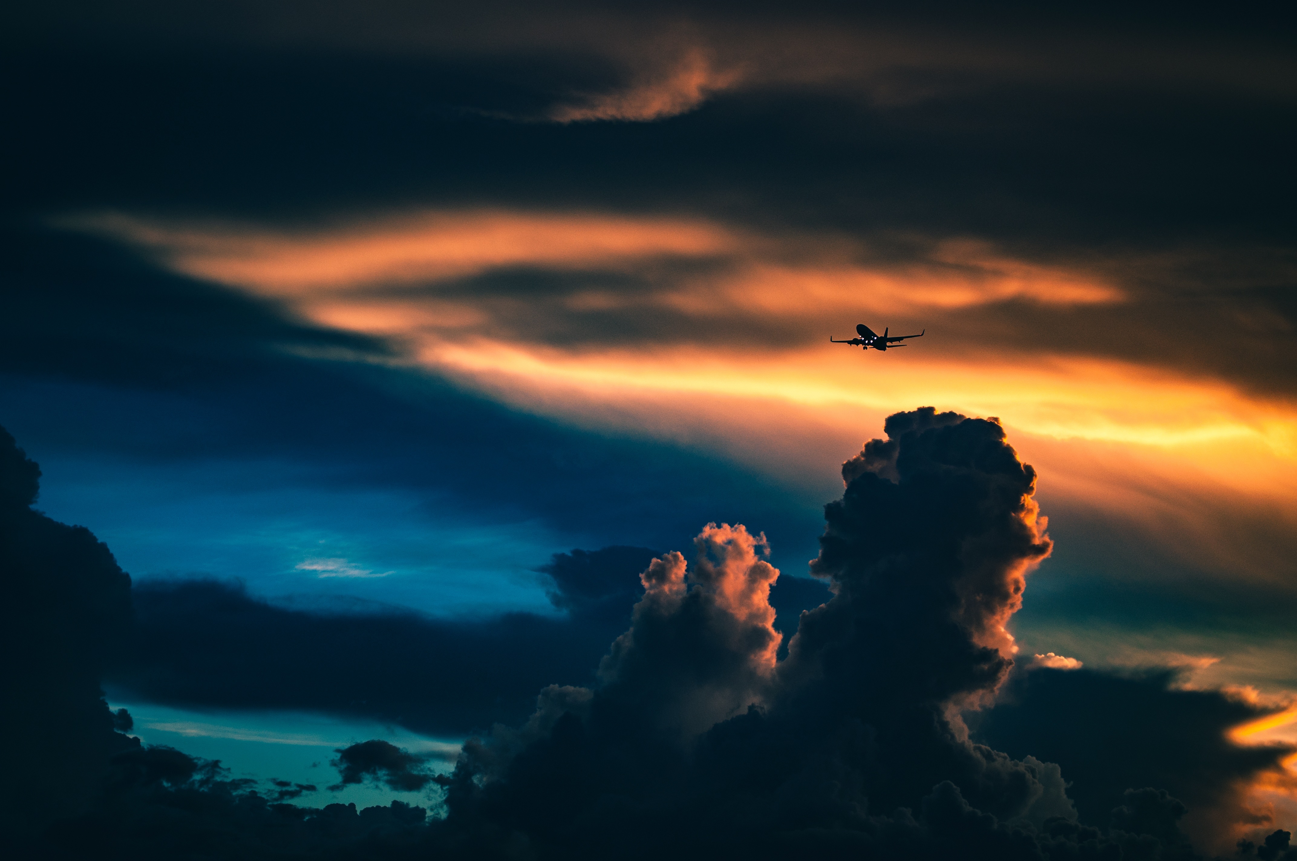 Plane, Clouds, Airplane, Sunset, Sky