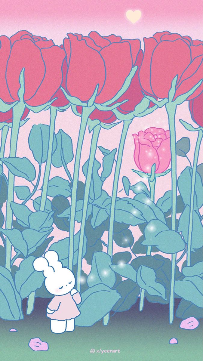 Cute Cartoon Rabbit in a Field of Roses
