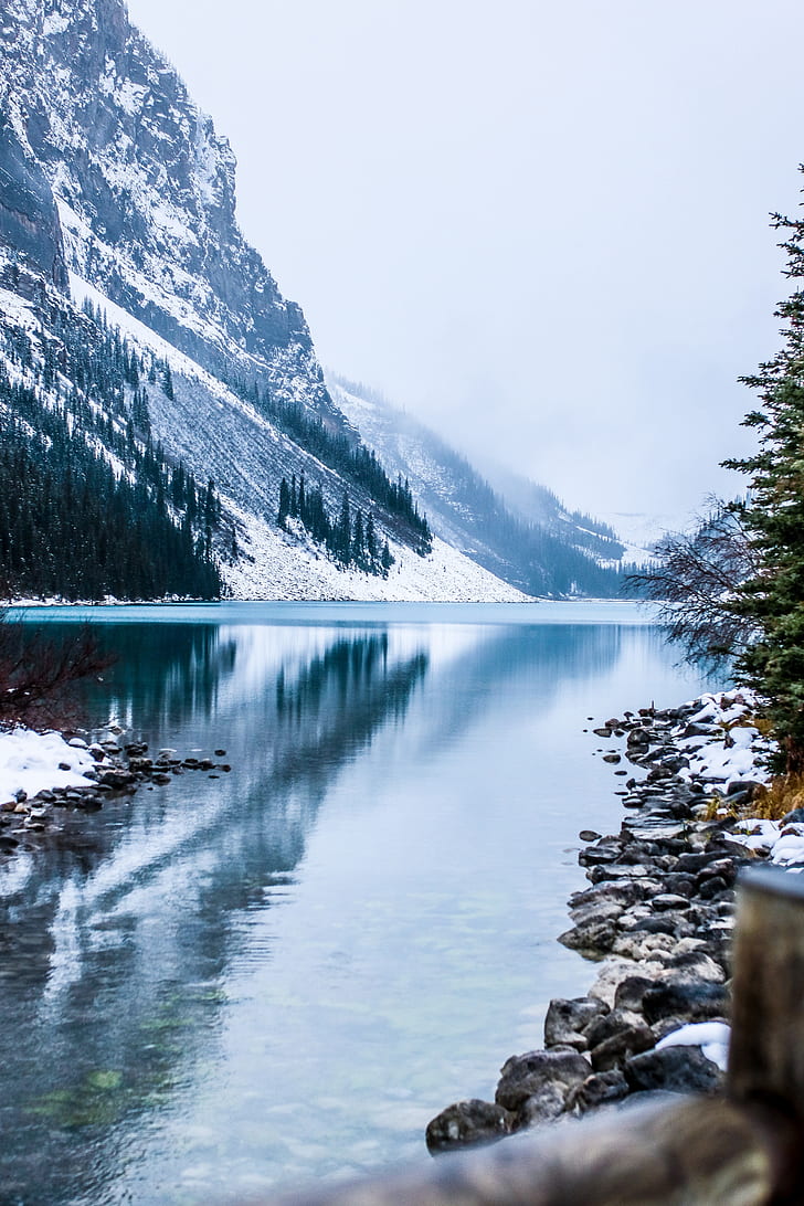 Calm body of water near snow filled