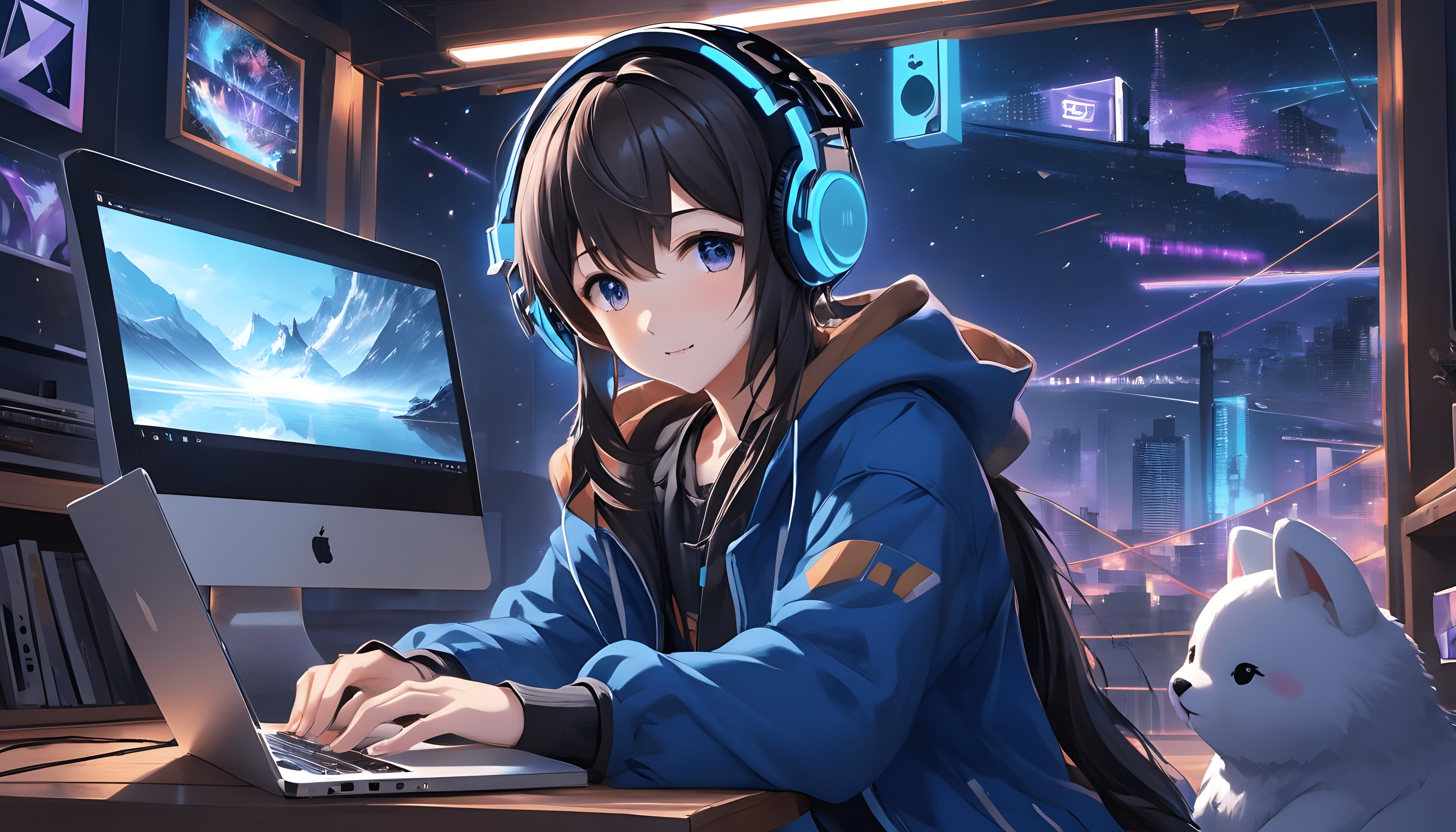 AI Art Anime Girl Headphones Night