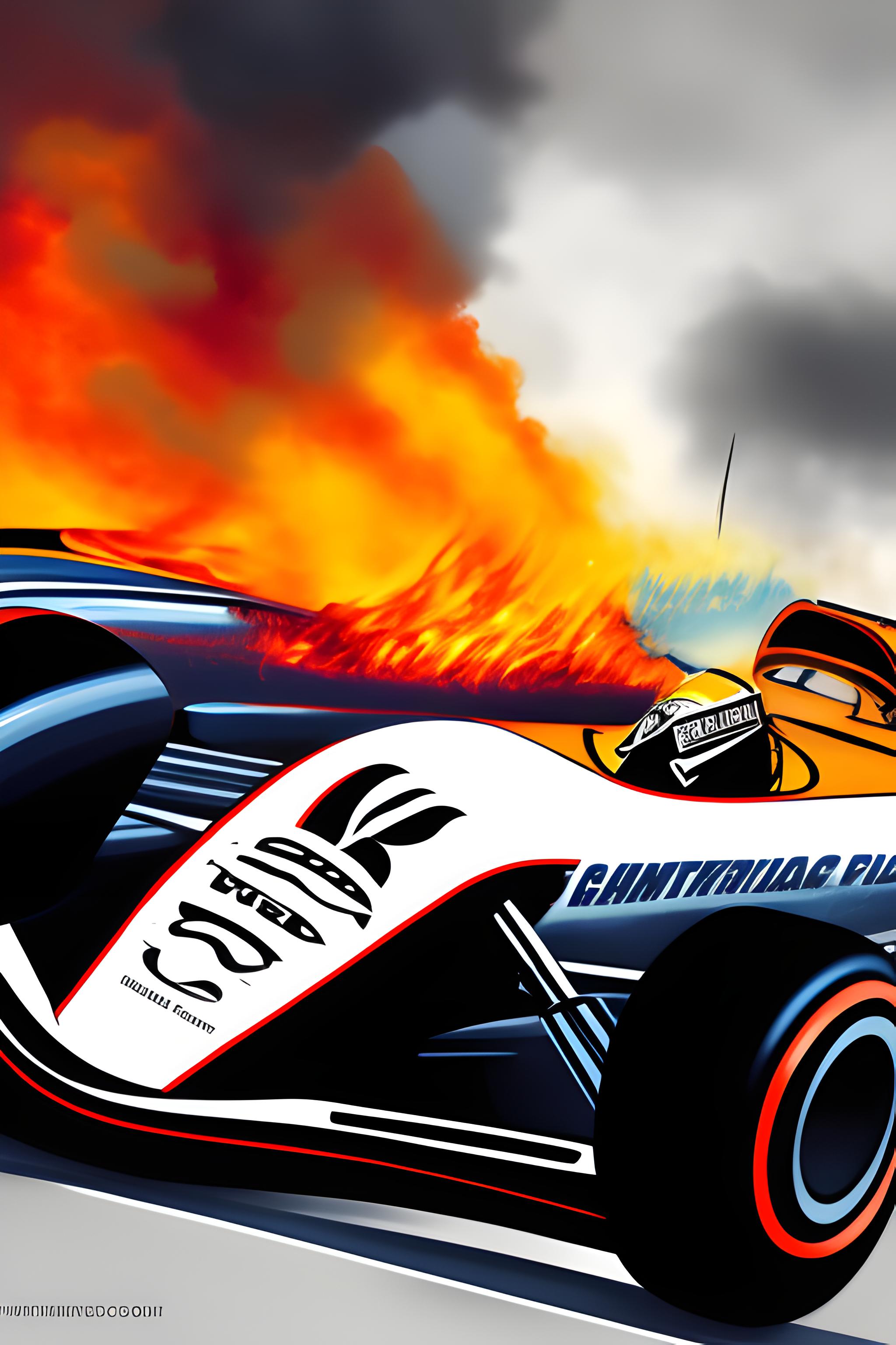 vintage formula 1 car burning, while