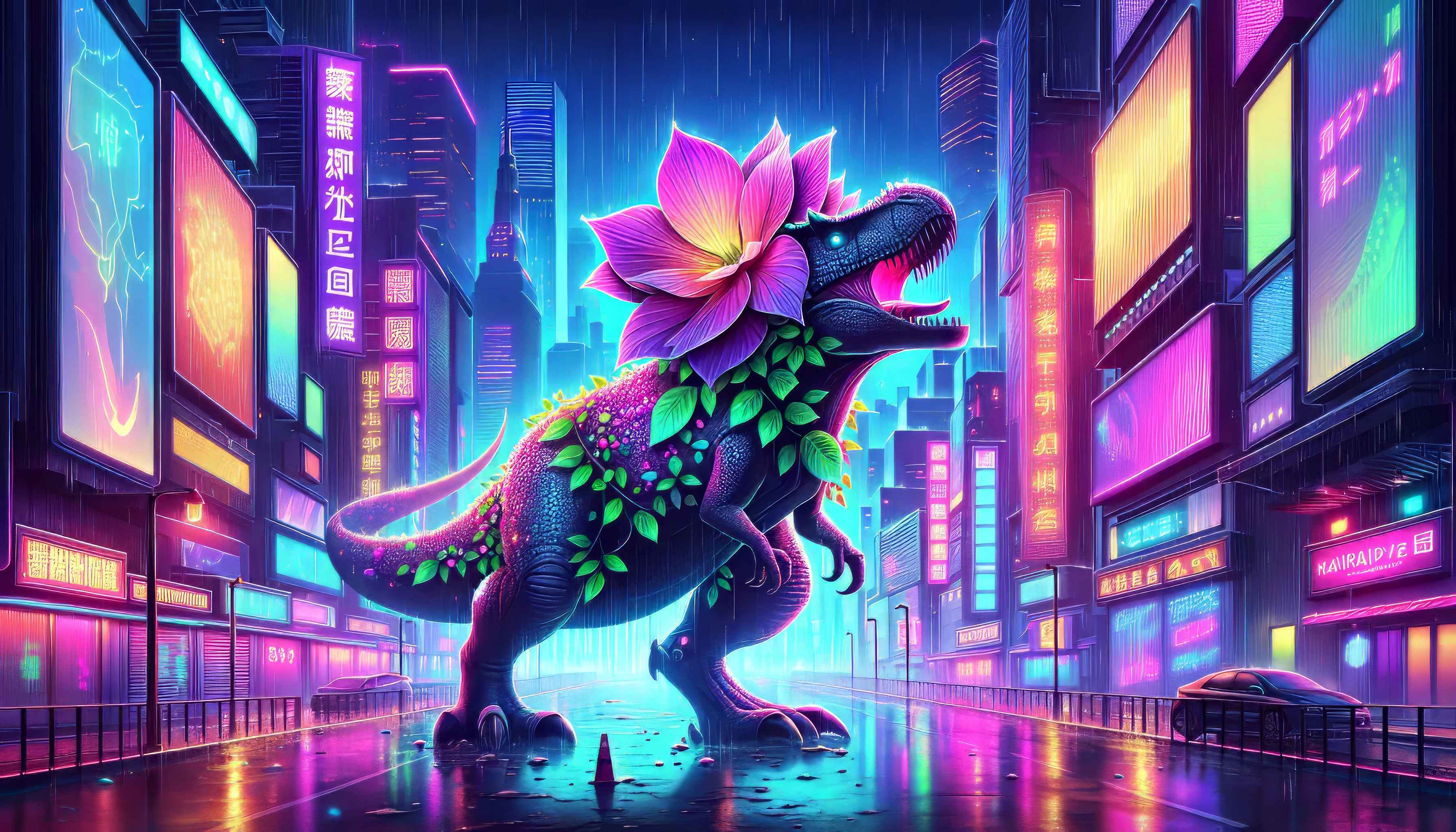 Neon Lit T Rex Fantasy HD Wallpaper