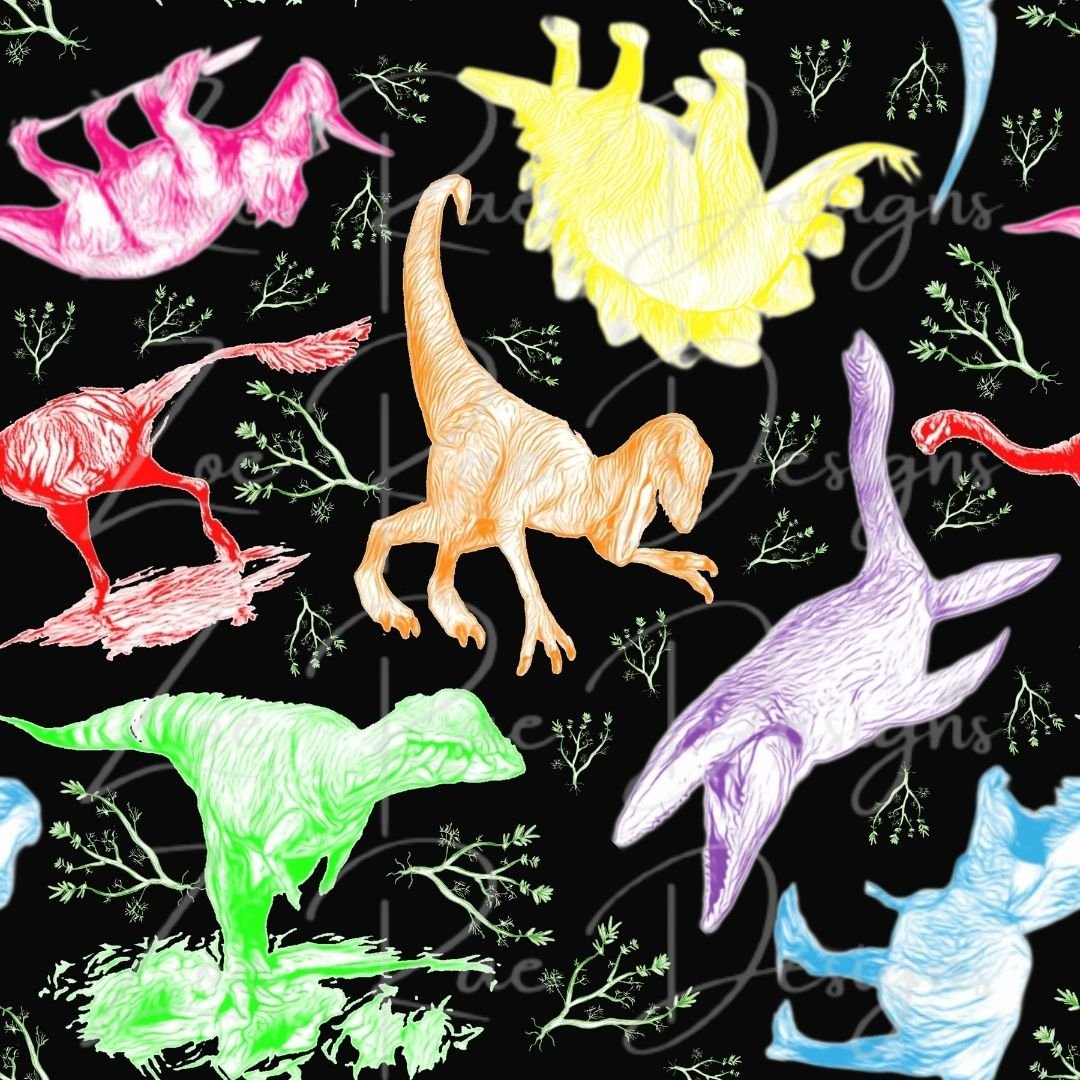 Neon Dinosaurs Black Background