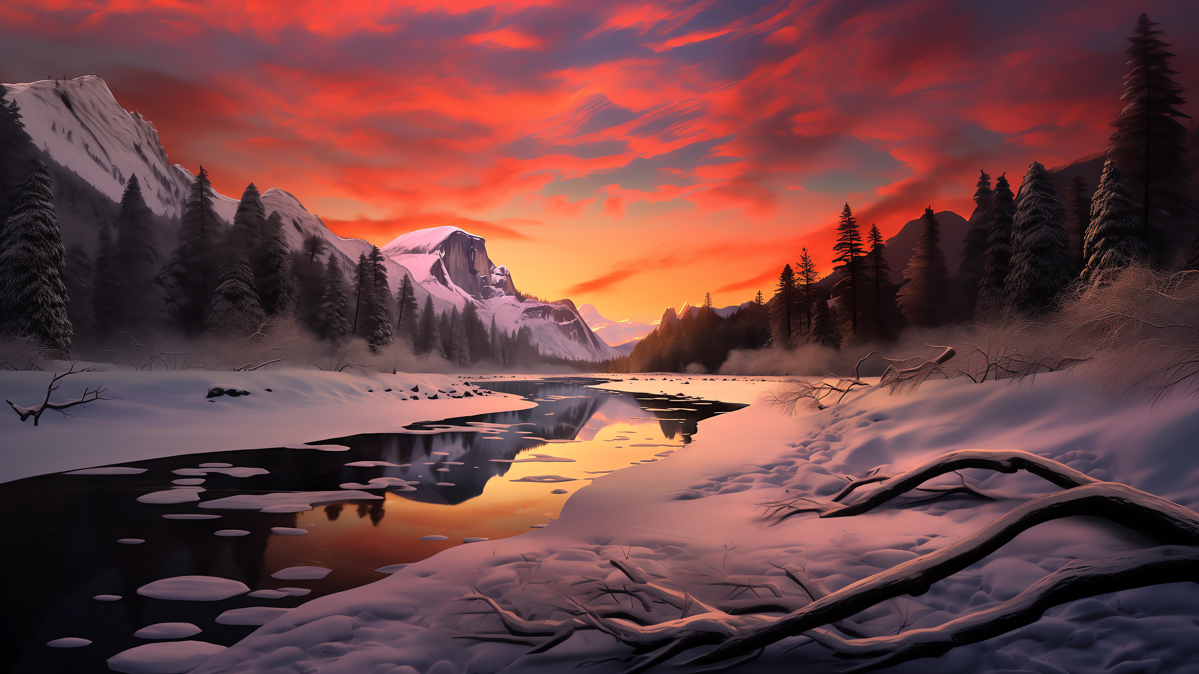 Winter Sunset Reflections 4K Wallpaper