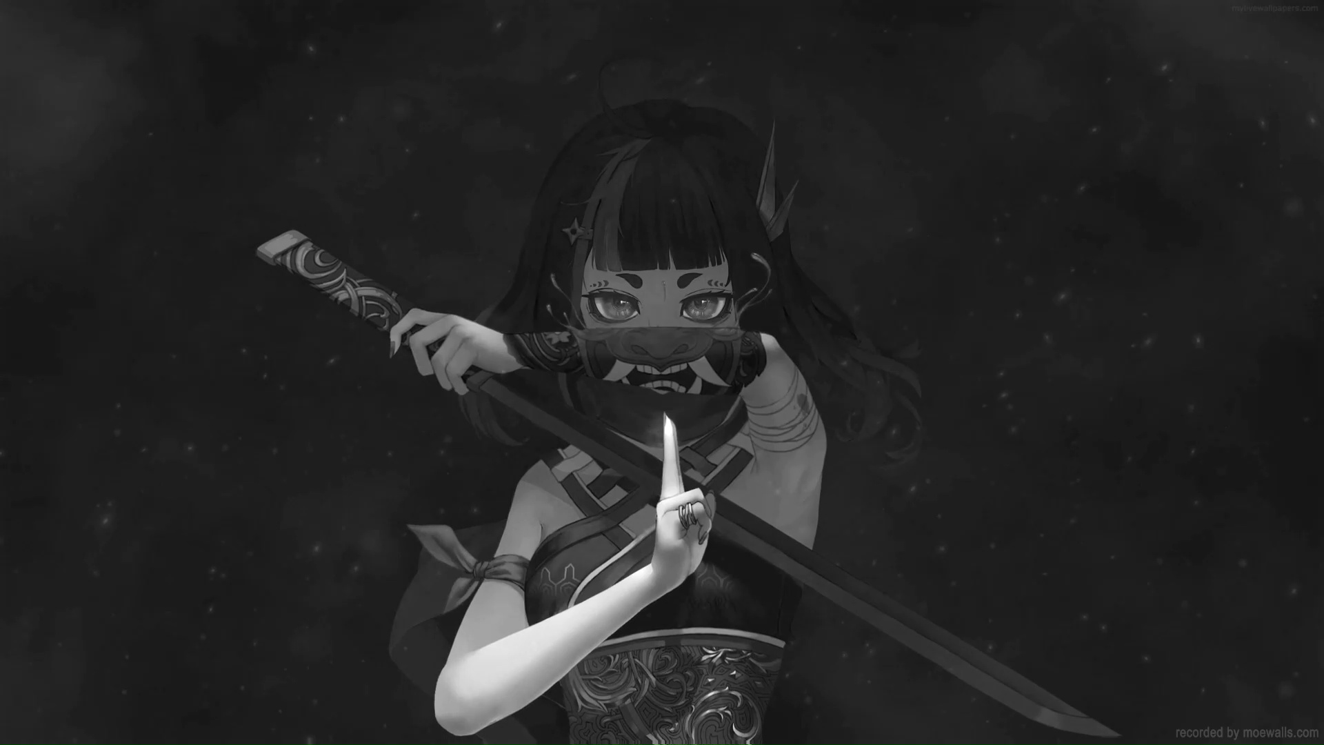 Oni Samurai Anime Girl Monochrome Live