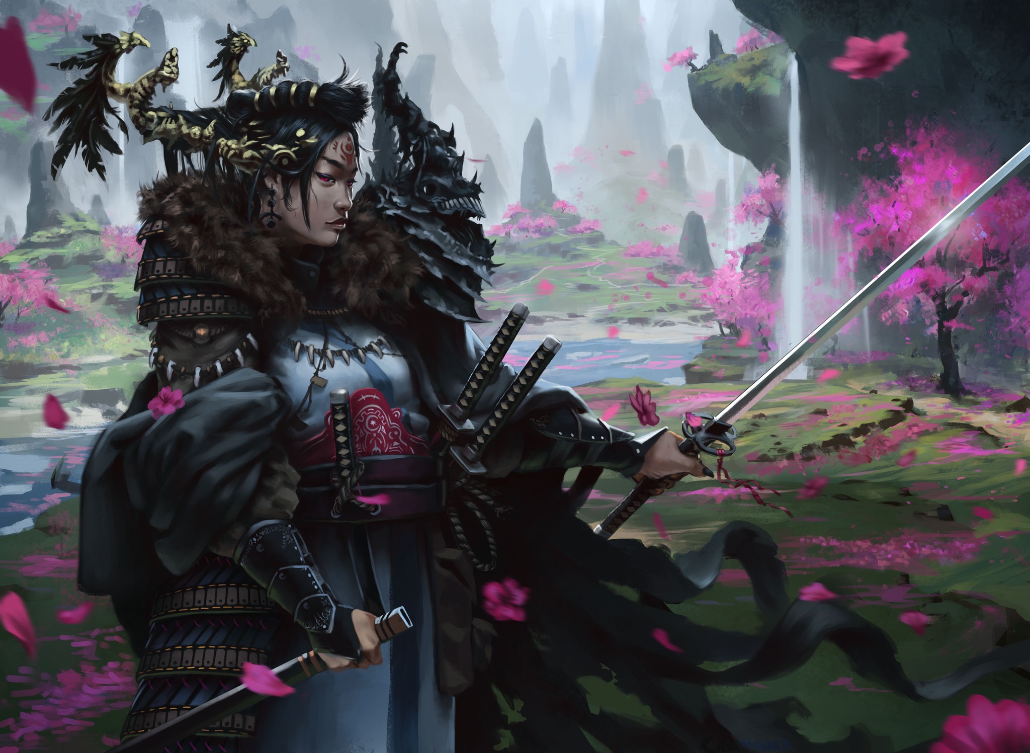 Samurai Warrior Amid Cherry Blossoms and Waterfall