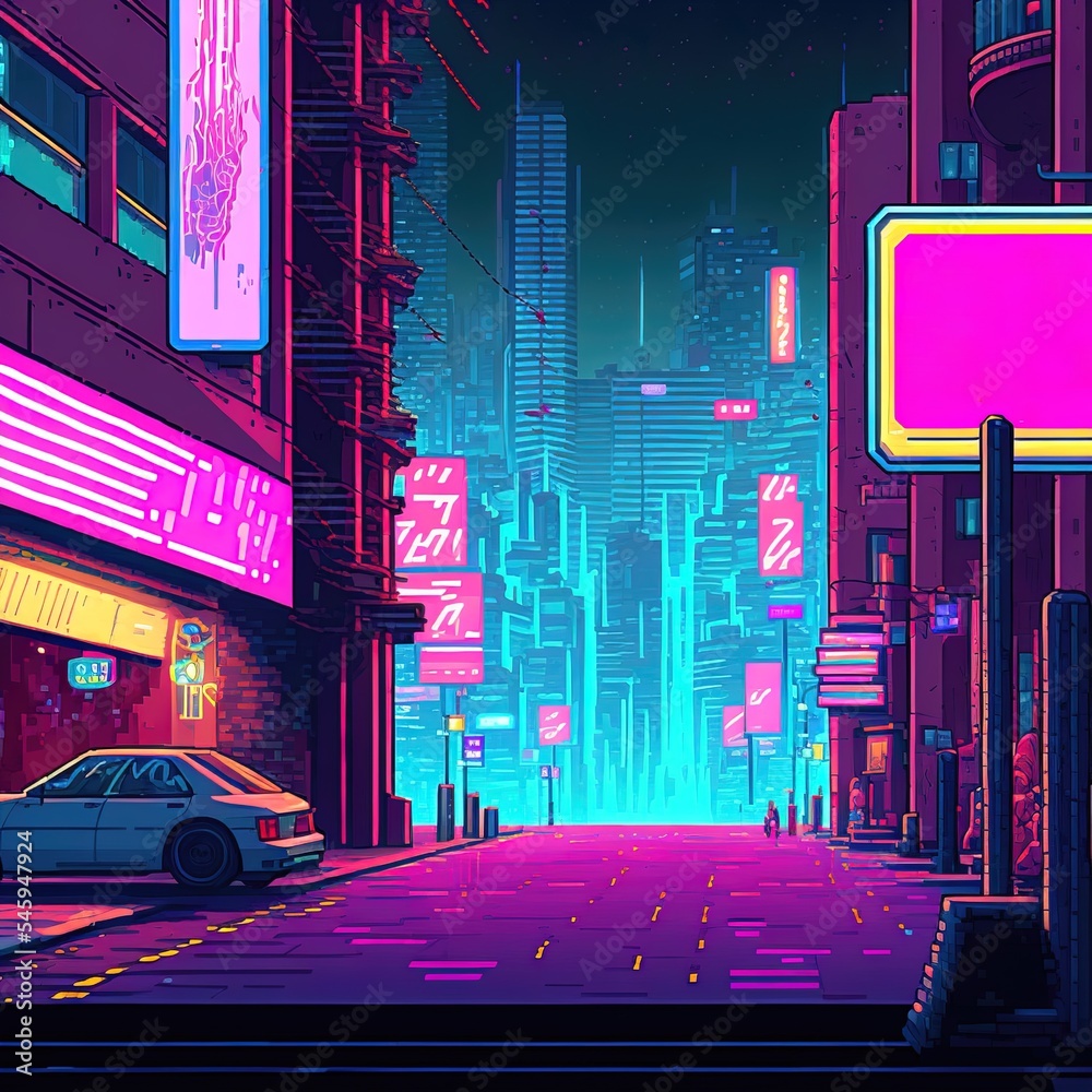 Cyberpunk neon city night. Futuristic