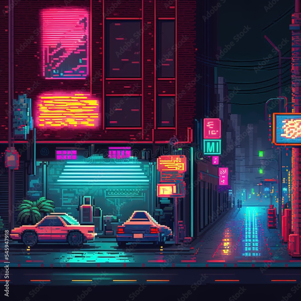 Cyberpunk neon city night. Futuristic