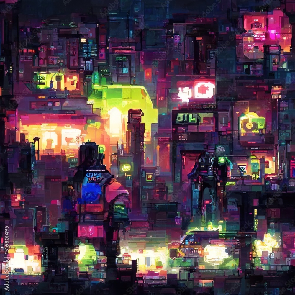 Cyberpunk neon city street at night