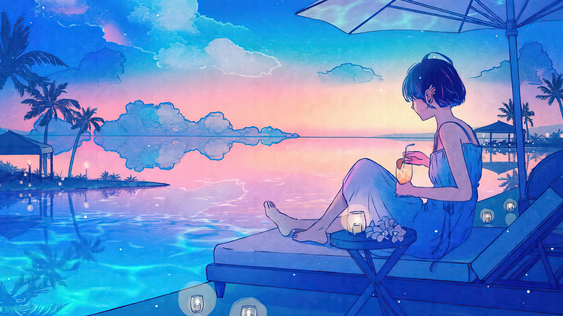 anime girls, sunset glow, sun dress