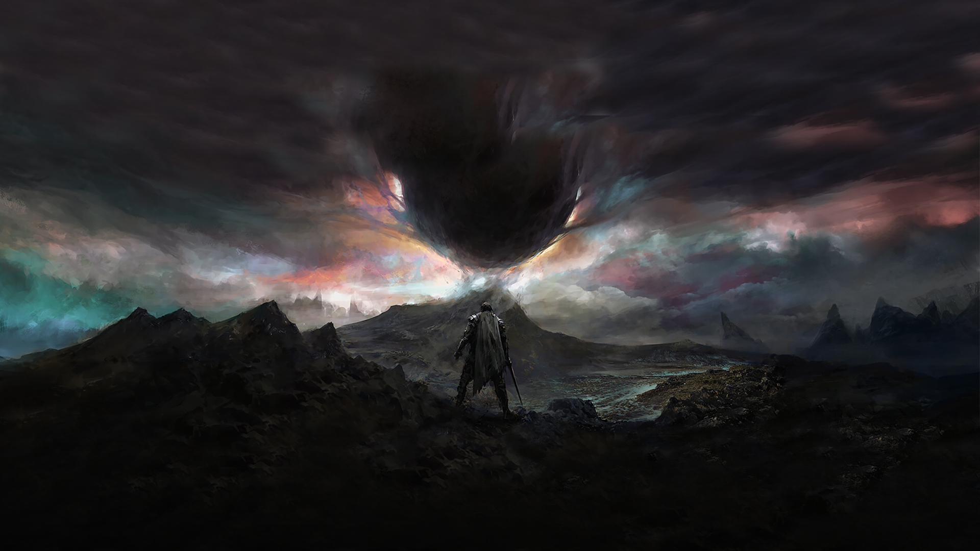 Dark Fantasy Clouds Post Apocalypse Knight Sword Landscape Digital Art Chris Cold Concept Wallpaper:1920x1080