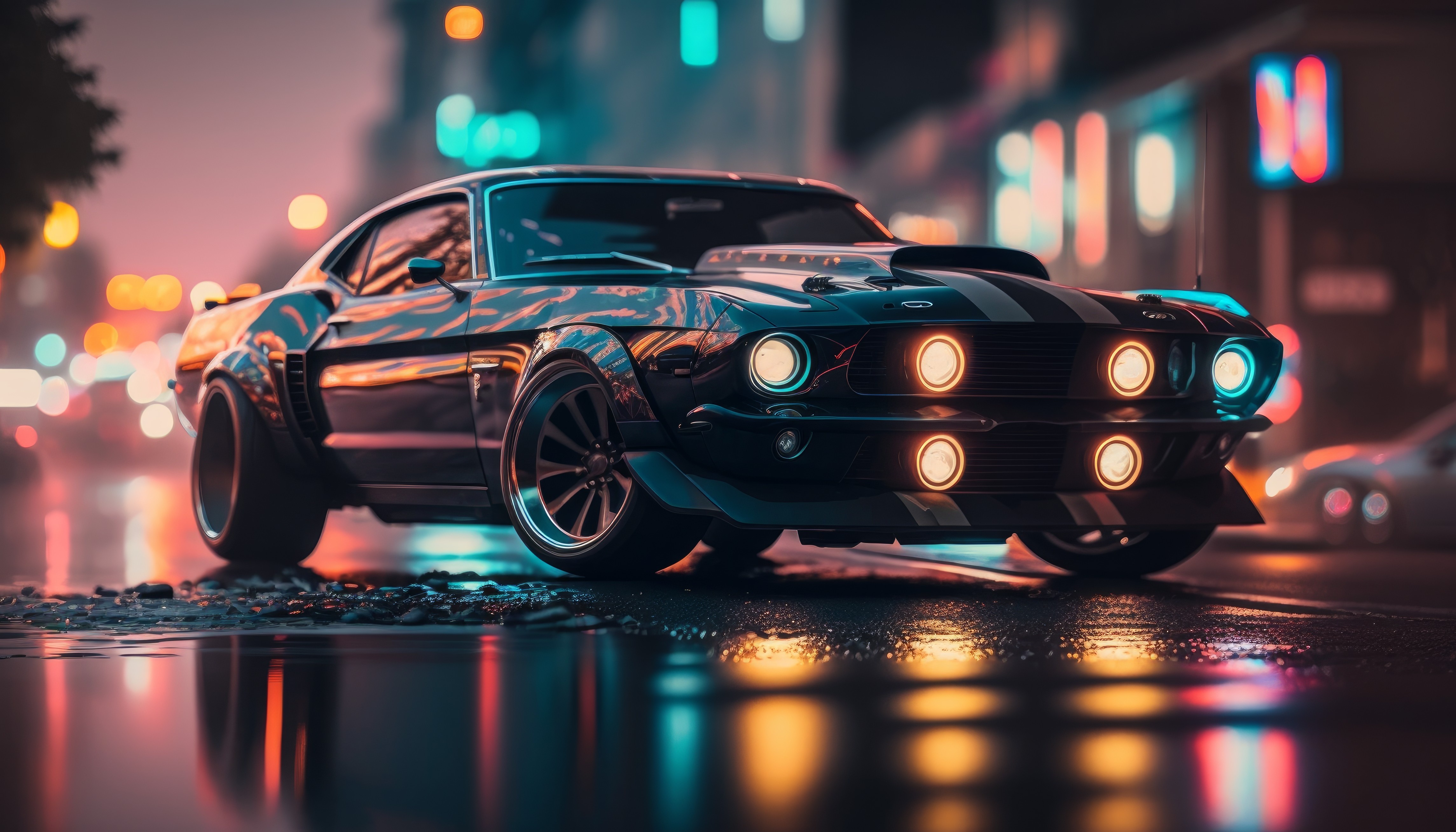 Wallpaper lights, road, muscle car