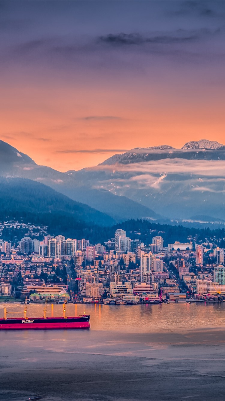 City, ship, sea, port, dusk, mountains
