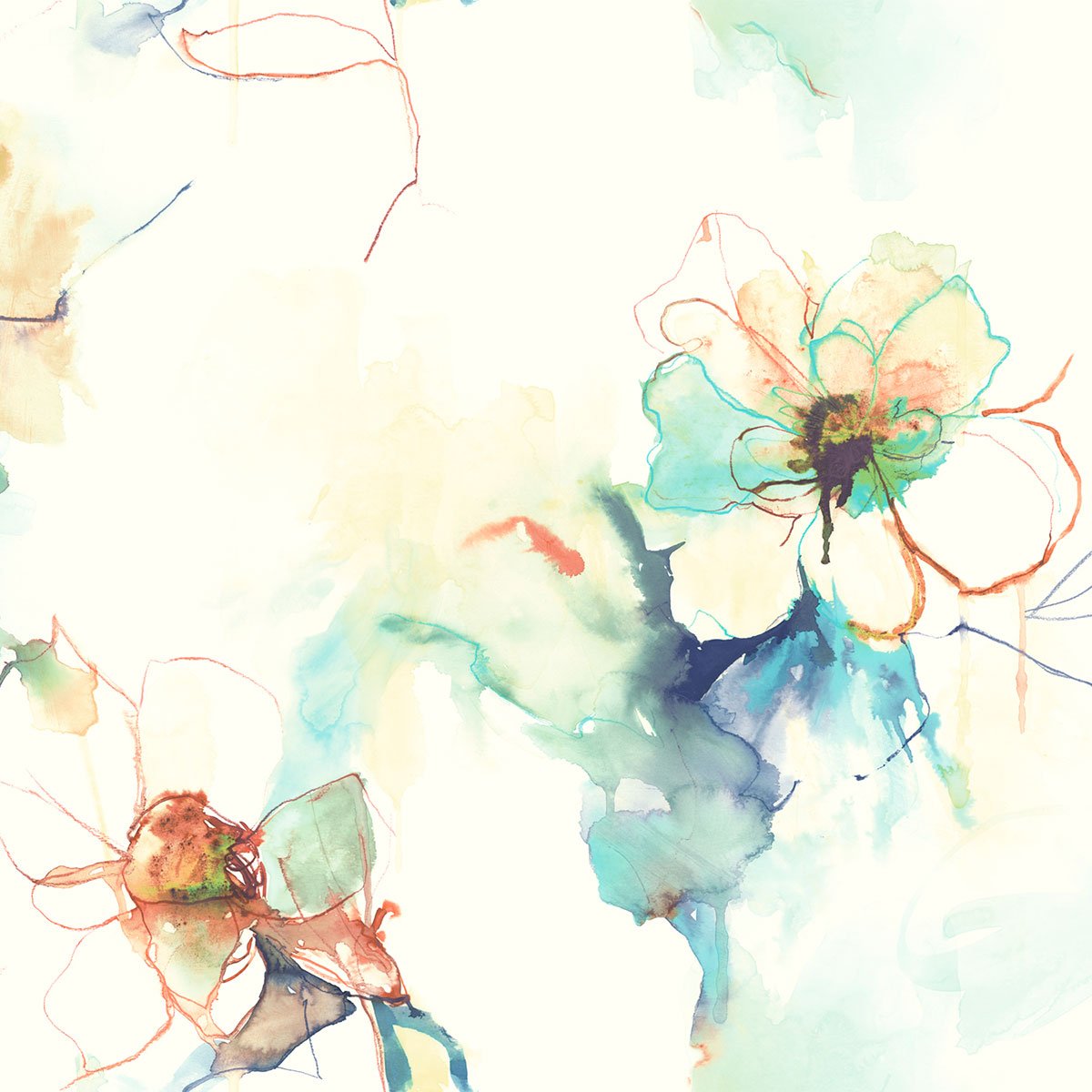 Seabrook Wallpaper with Art, Anemone Watercolor Floral Turquoise and Persimmon