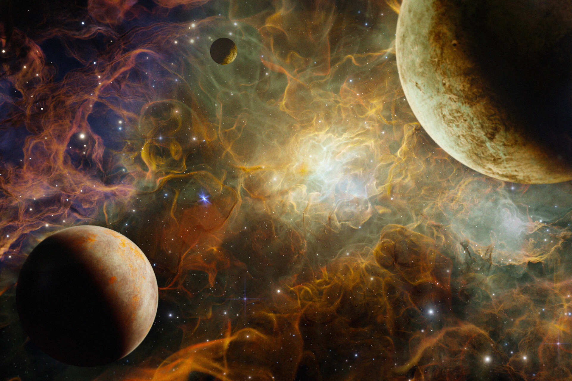 Nebula in outer space, planets and galaxy