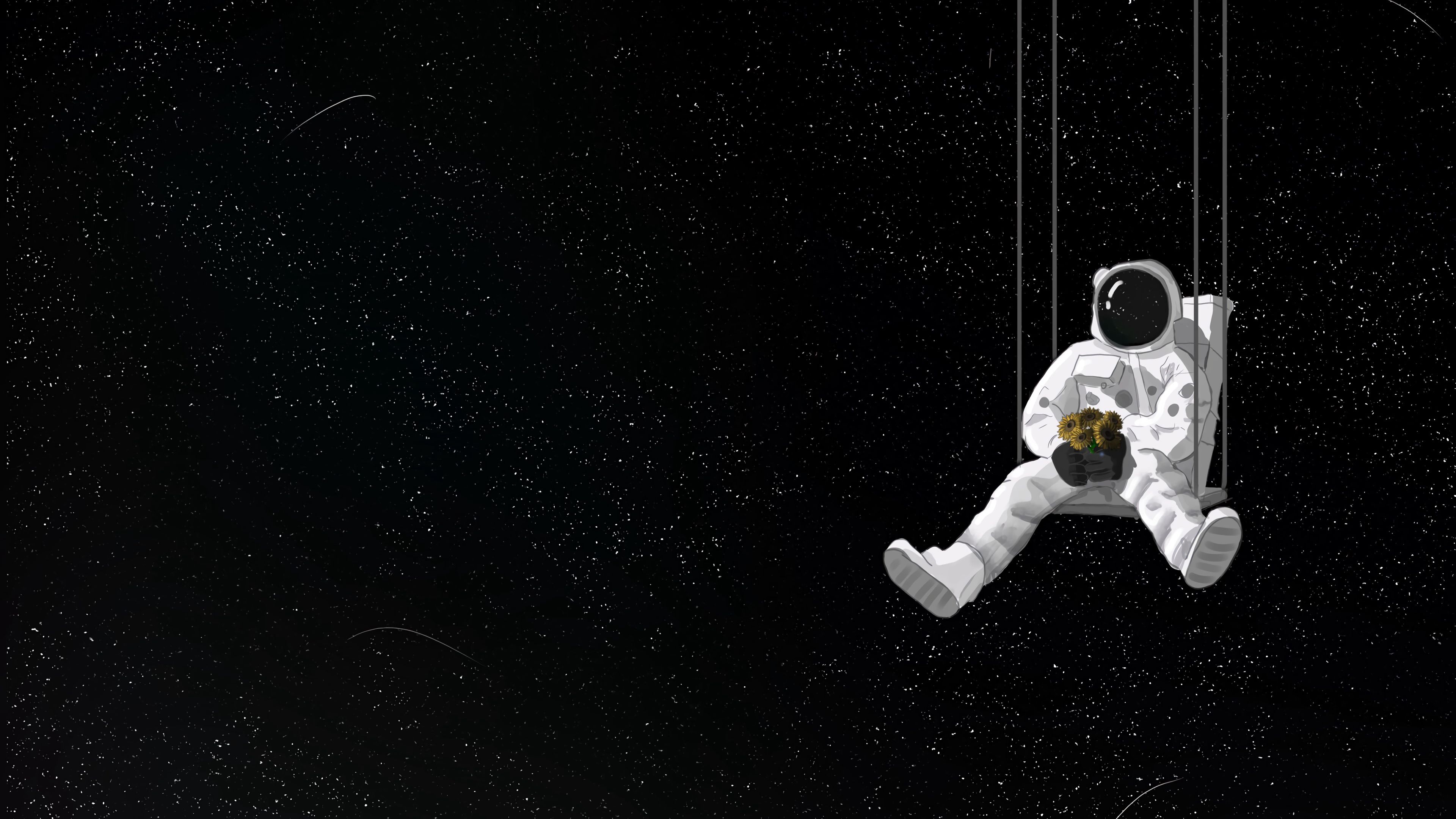 Download wallpaper 3840x2160 astronaut, swing, bouquet, space, art 4k uhd 16:9 HD background