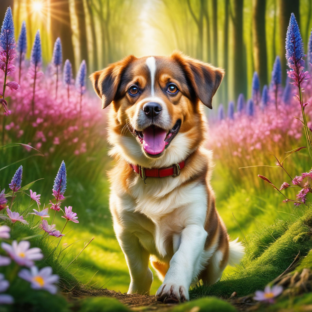dog running across a spring forest