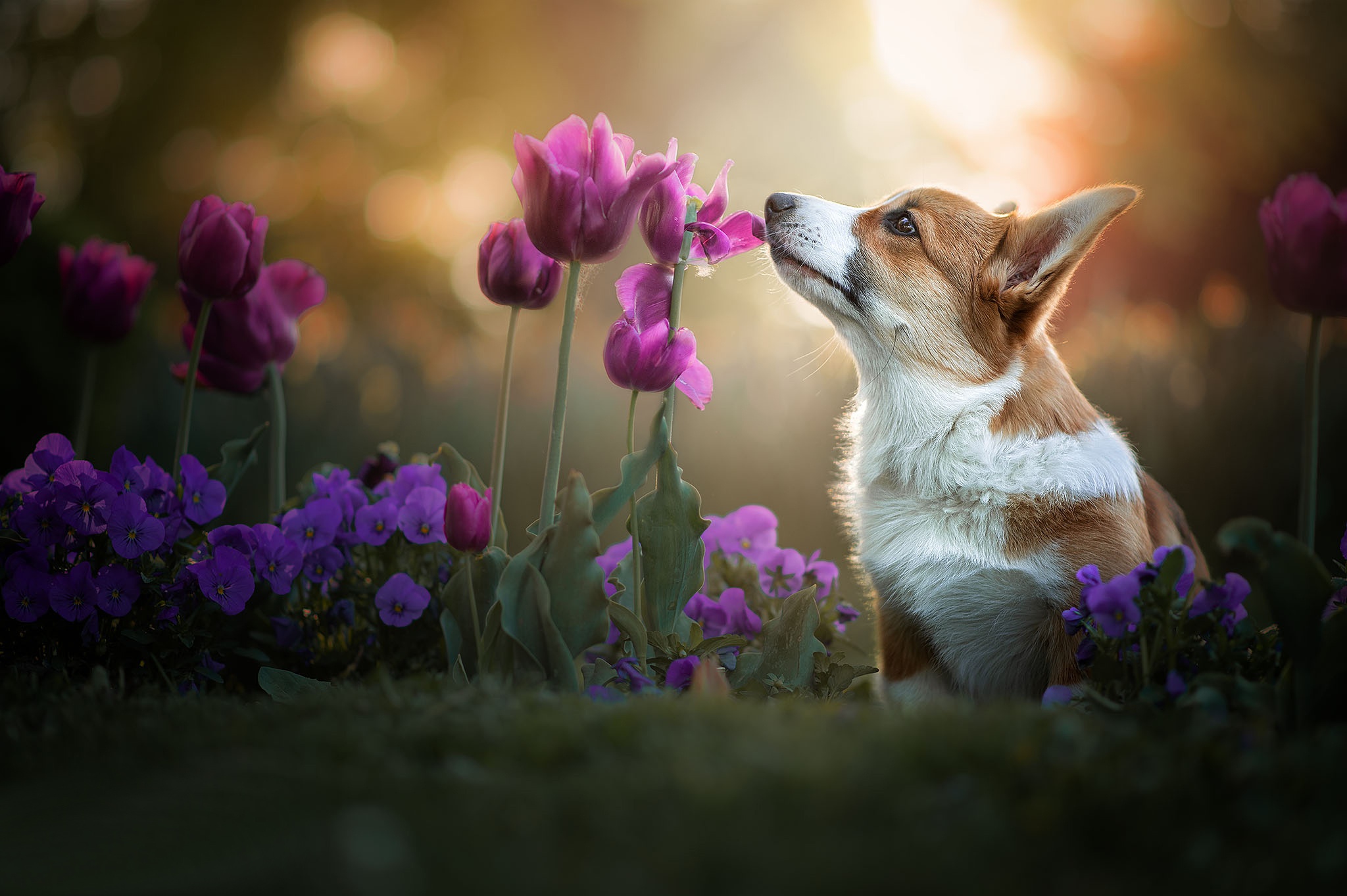 Wallpaper flowers, dog, tulips, Pansy